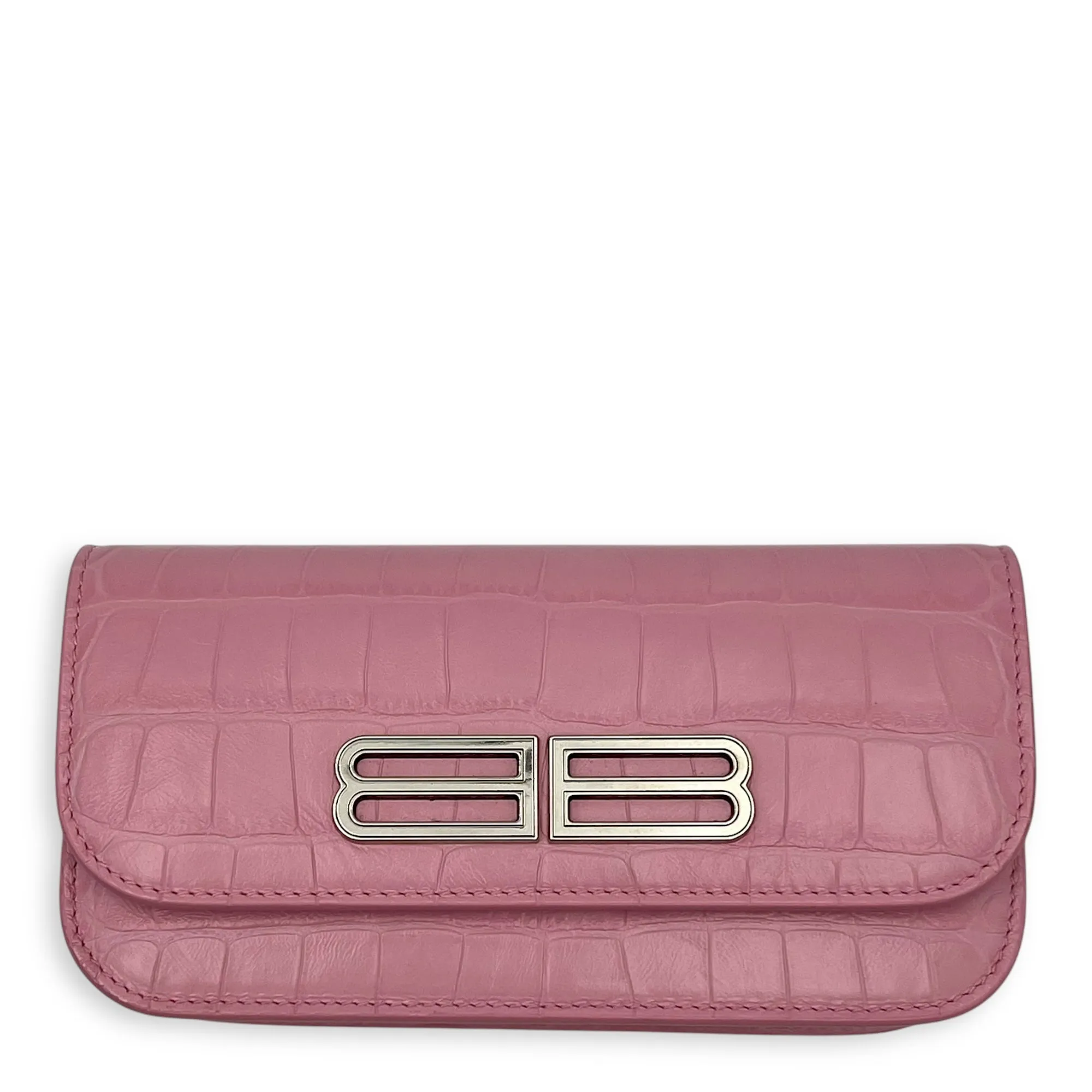 Gossip Wallet On Chain Pink in Crocodile Embossed Calfskin, Silver hardware