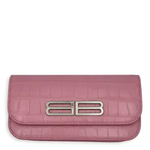 Gossip Wallet On Chain Pink in Crocodile Embossed Calfskin, Silver hardware