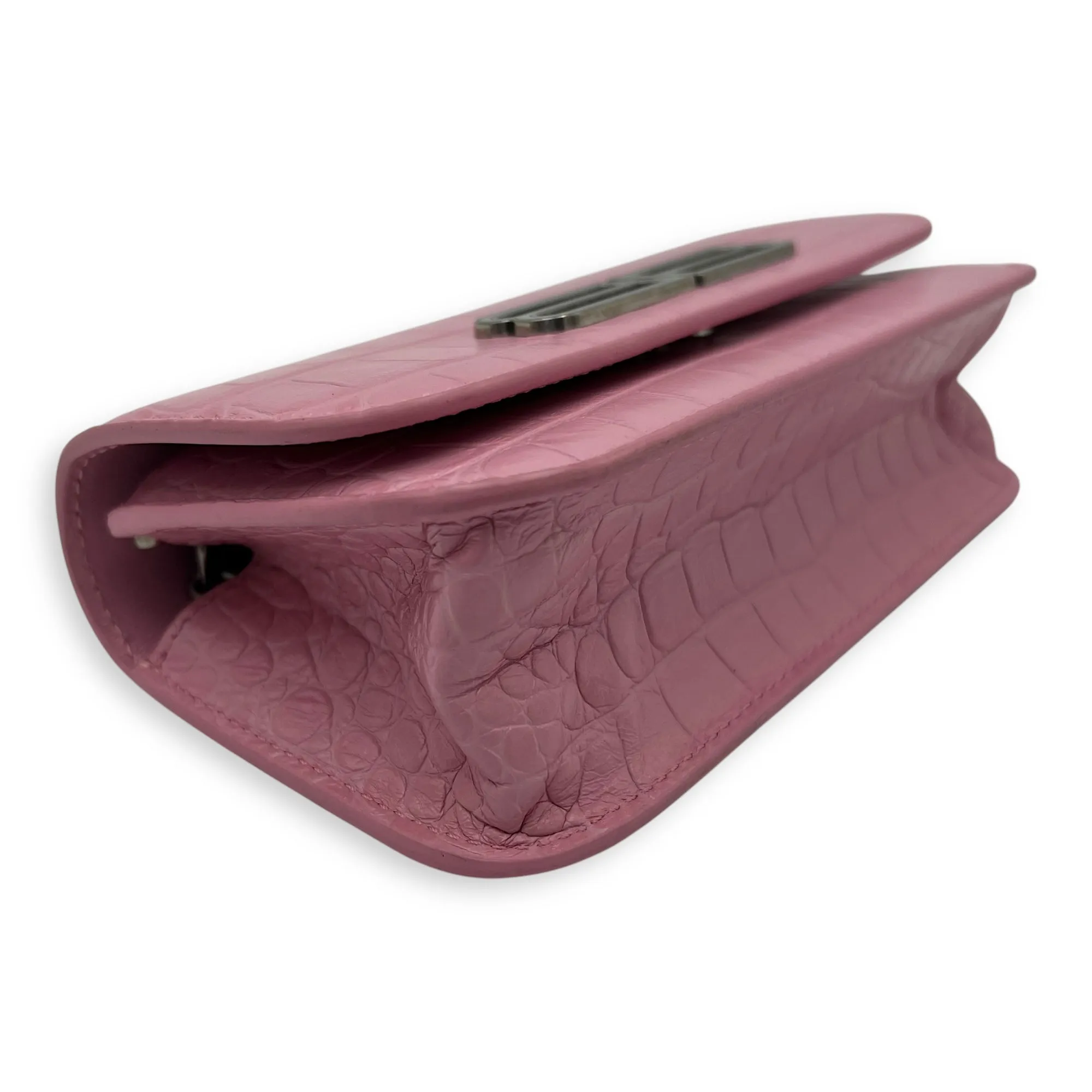 Gossip Wallet On Chain Pink in Crocodile Embossed Calfskin, Silver hardware