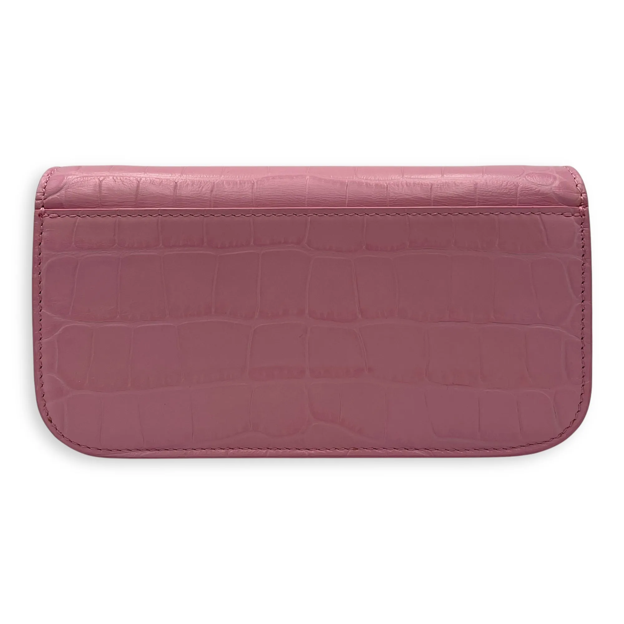 Gossip Wallet On Chain Pink in Crocodile Embossed Calfskin, Silver hardware