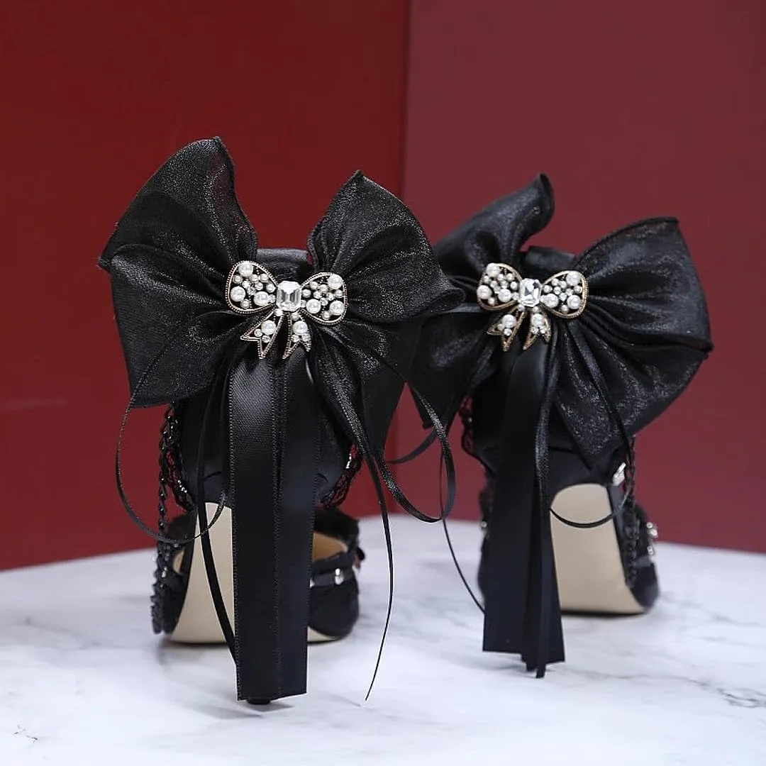 Gothic Lace High Heel Pumps, Black Velvet, Crystal Bow Detail, Chain Embellished, Ankle Strap