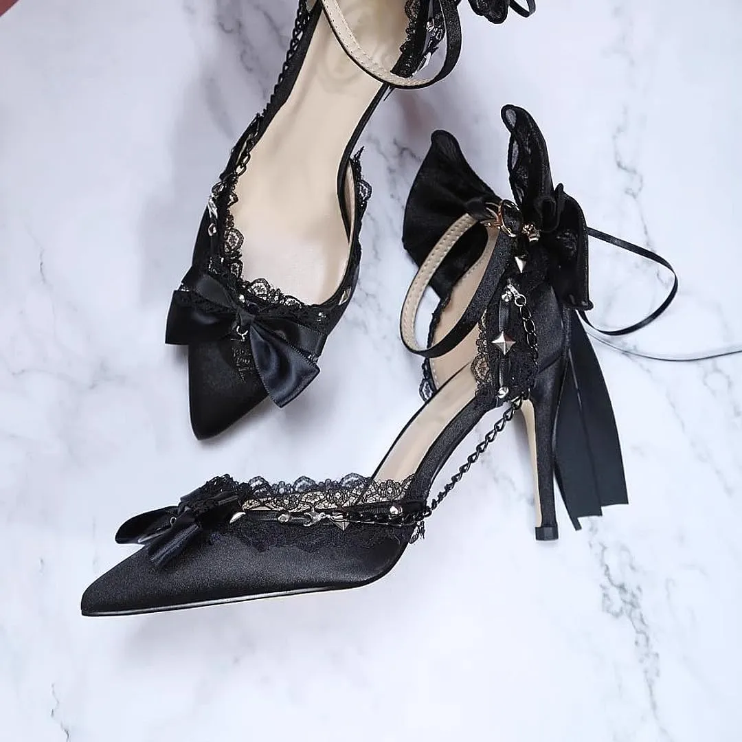 Gothic Lace High Heel Pumps, Black Velvet, Crystal Bow Detail, Chain Embellished, Ankle Strap