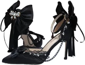 Gothic Lace High Heel Pumps, Black Velvet, Crystal Bow Detail, Chain Embellished, Ankle Strap