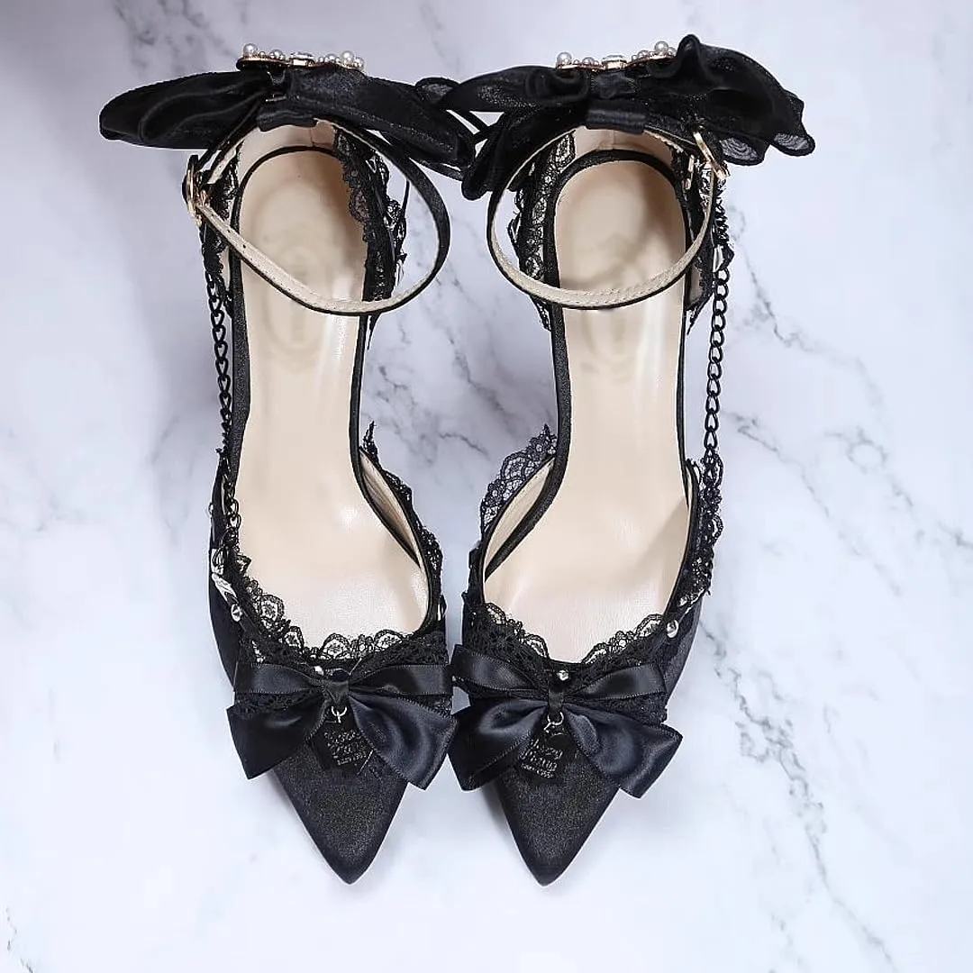 Gothic Lace High Heel Pumps, Black Velvet, Crystal Bow Detail, Chain Embellished, Ankle Strap