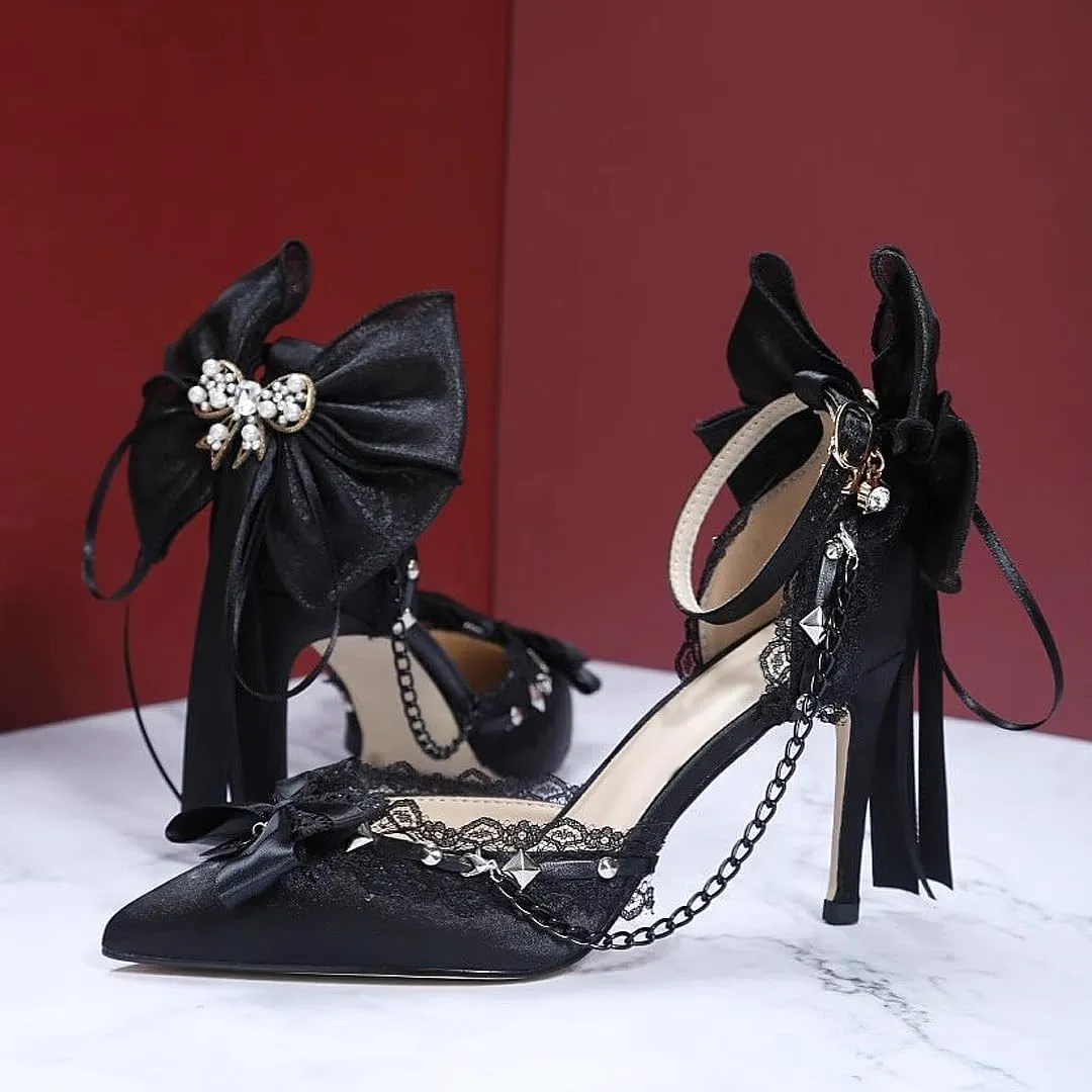 Gothic Lace High Heel Pumps, Black Velvet, Crystal Bow Detail, Chain Embellished, Ankle Strap