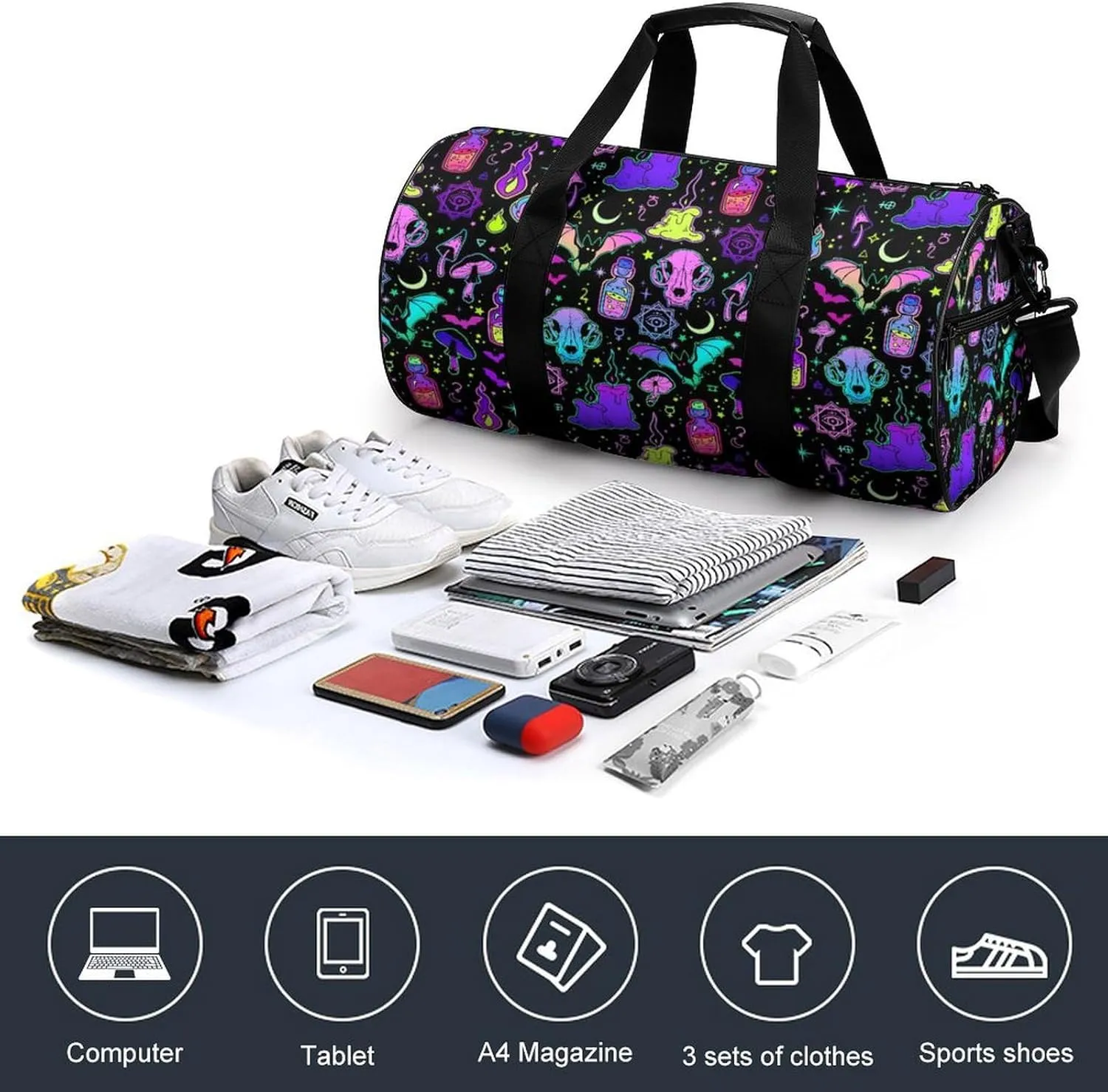 Gothic Magic Witch Witchy Large Capacity Cylindrical Fitness Bag, Hand-held Fitness Bag