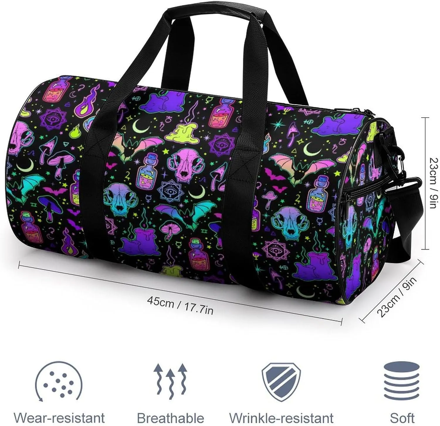 Gothic Magic Witch Witchy Large Capacity Cylindrical Fitness Bag, Hand-held Fitness Bag