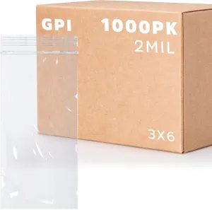 GPI - Case of 1000 3" X 6" Clear Plastic Reclosable Zip Bags - Bulk 2 Mil Thick Strong & Durable Poly Baggies with Resealable Zipper Top Lock for Travel, Storage, Packaging & Shipping.