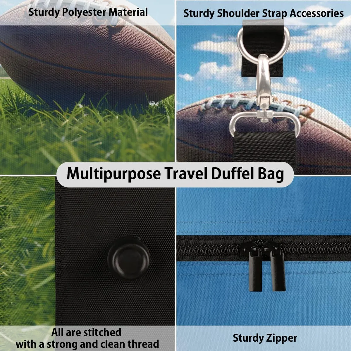 Green Grass Sports American Football Travel Duffel Bag for Women Men Waterproof Foldable Overnight Weekender Bag Large Capacity Sports Gym Bag