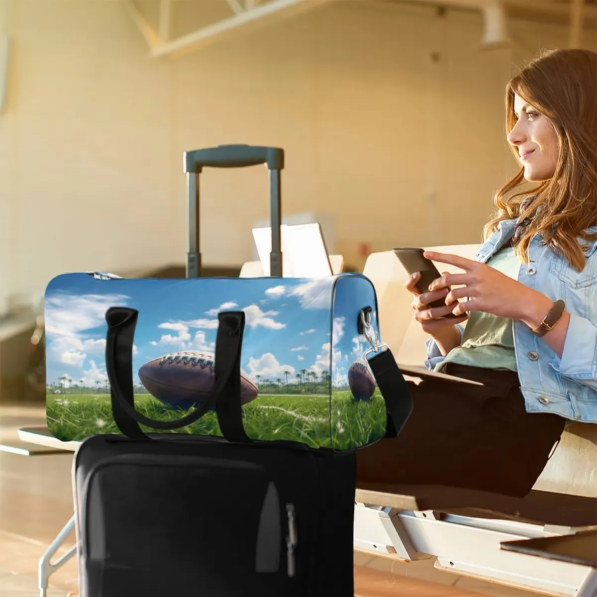 Green Grass Sports American Football Travel Duffel Bag for Women Men Waterproof Foldable Overnight Weekender Bag Large Capacity Sports Gym Bag