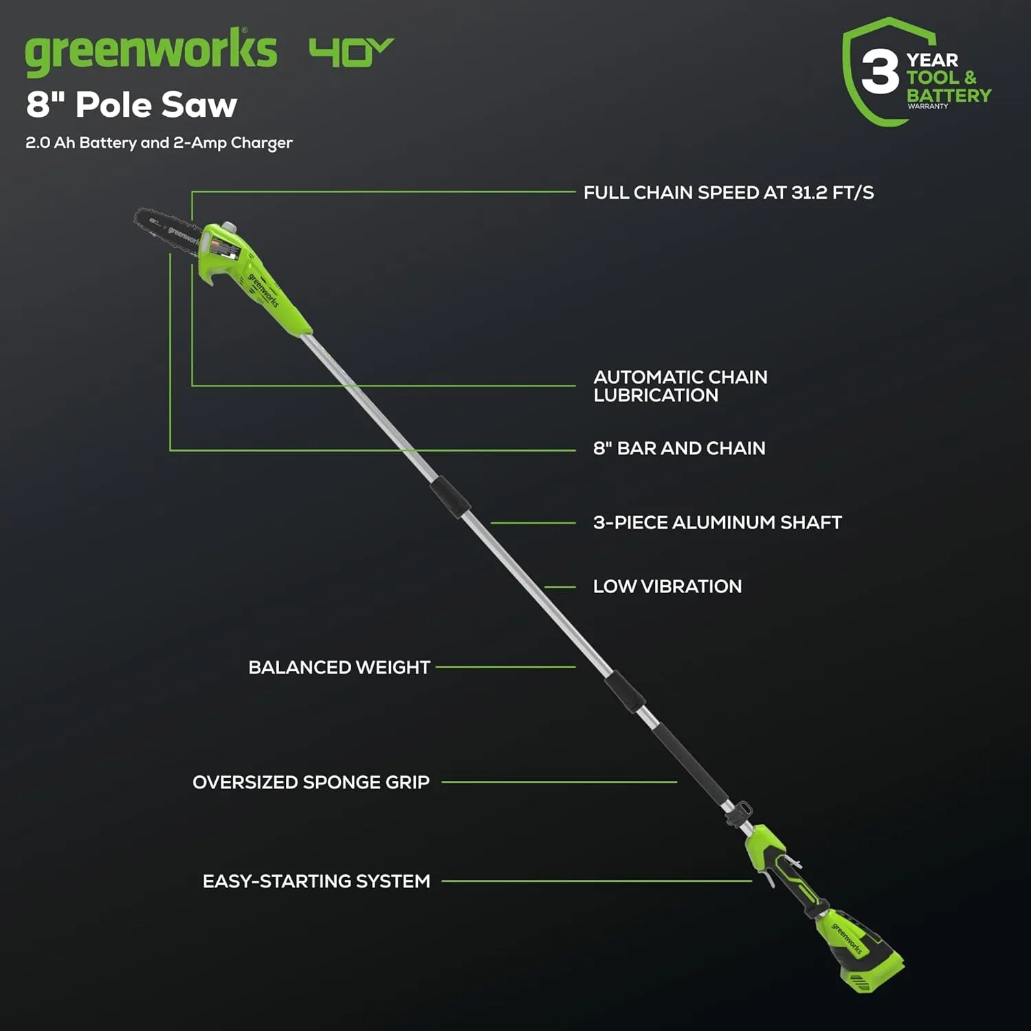 Greenworks 40V 8-Inch Cordless Polesaw, 2.0Ah Battery and Charger Included PS40B210