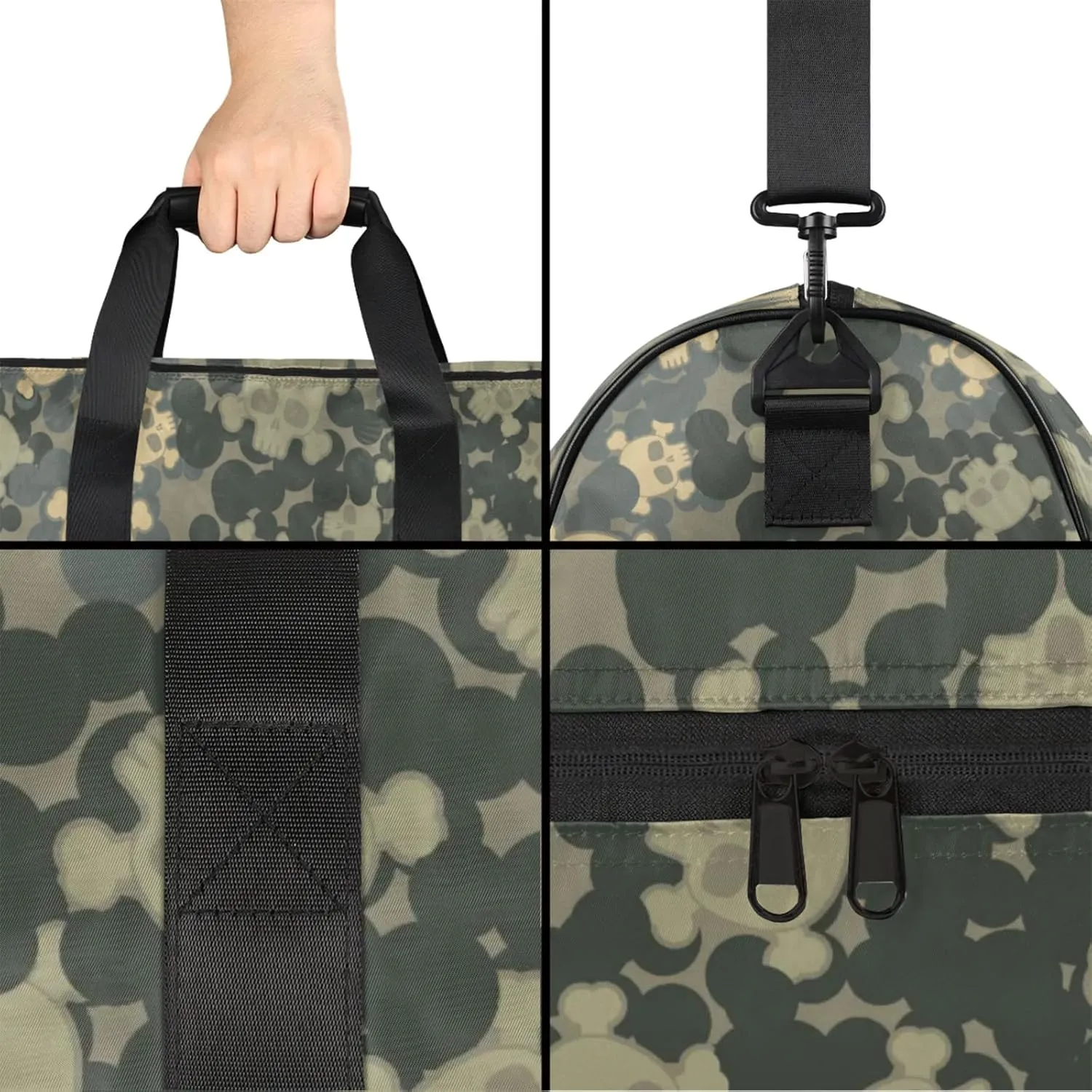 Grey Gym Bag for Men- 43L large Duffle Bag for Travel, Skull Motif Travel Bag with Shoe Compartment-Personal Item Travel Bag Weekender Bags for Women