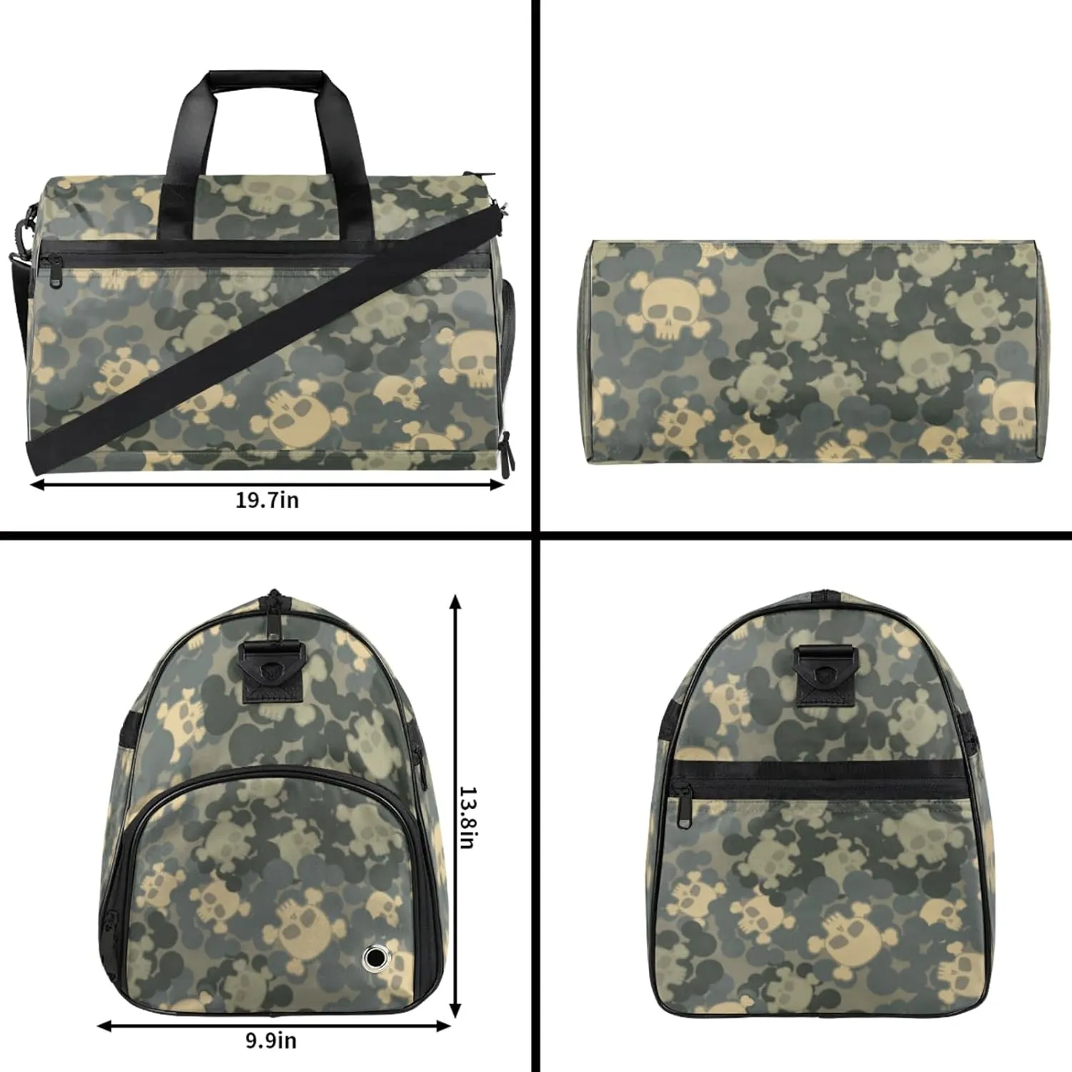 Grey Gym Bag for Men- 43L large Duffle Bag for Travel, Skull Motif Travel Bag with Shoe Compartment-Personal Item Travel Bag Weekender Bags for Women