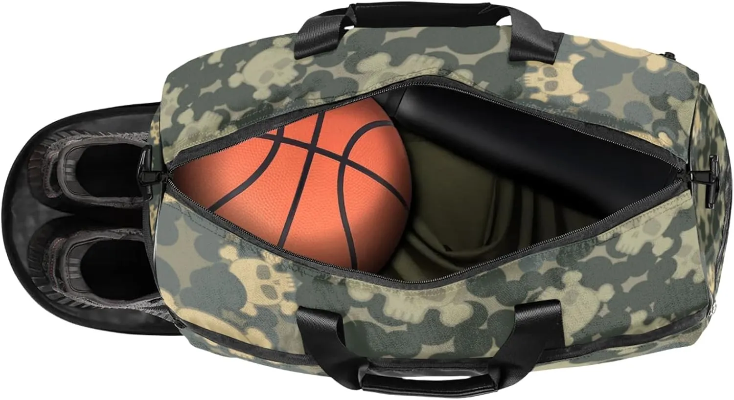 Grey Gym Bag for Men- 43L large Duffle Bag for Travel, Skull Motif Travel Bag with Shoe Compartment-Personal Item Travel Bag Weekender Bags for Women