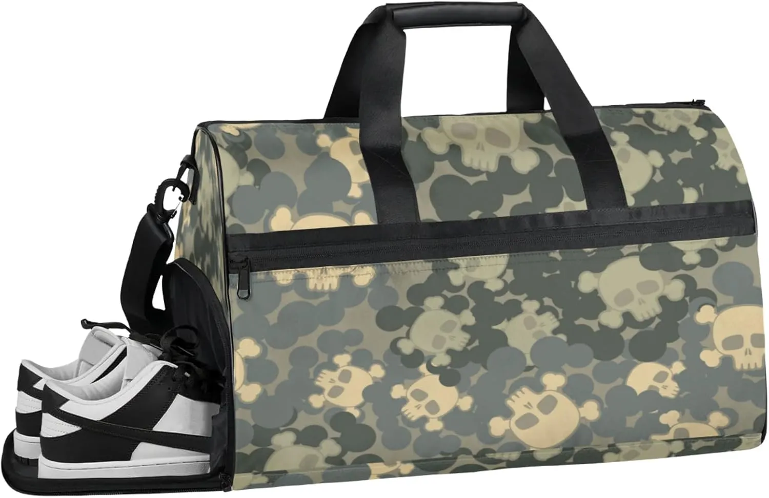 Grey Gym Bag for Men- 43L large Duffle Bag for Travel, Skull Motif Travel Bag with Shoe Compartment-Personal Item Travel Bag Weekender Bags for Women