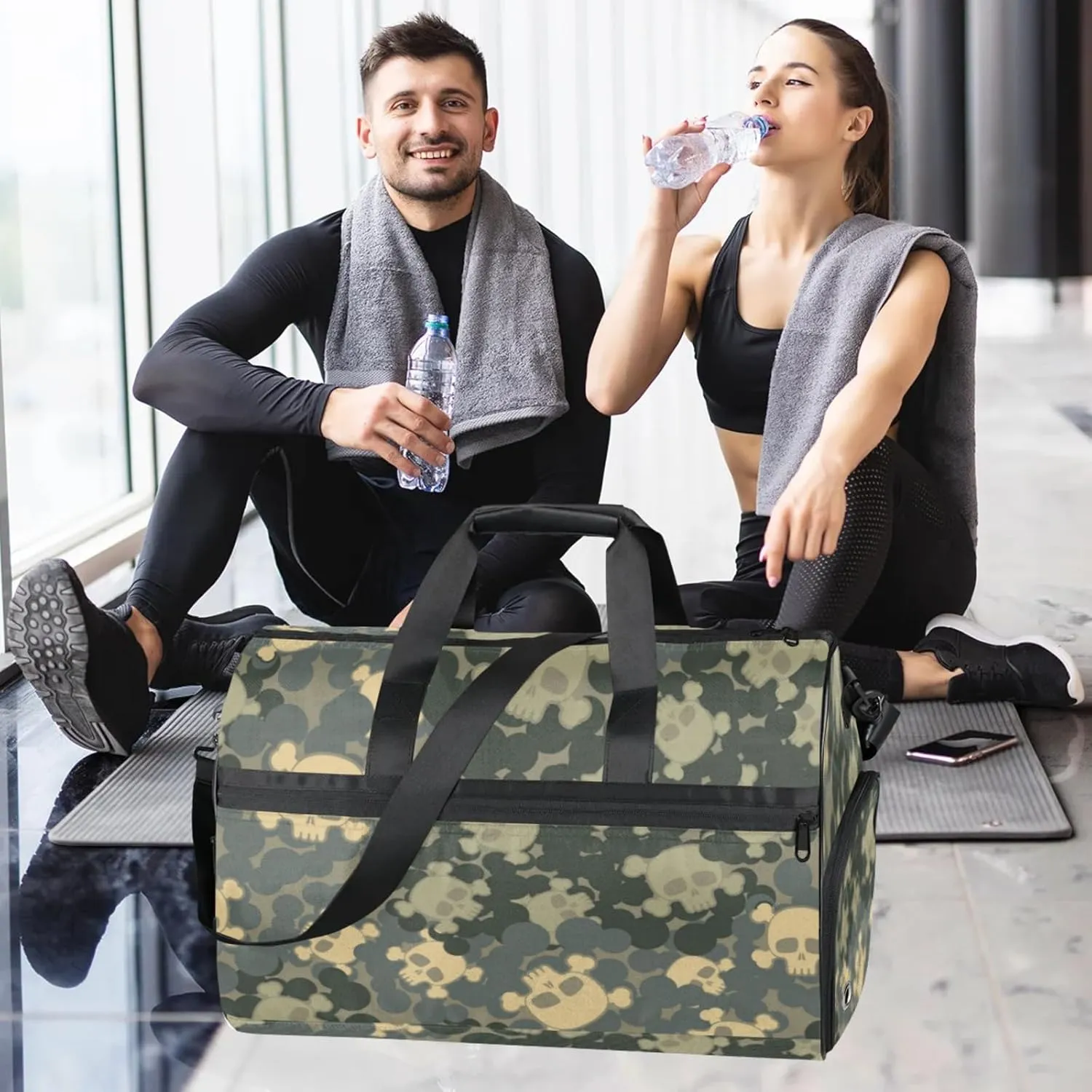Grey Gym Bag for Men- 43L large Duffle Bag for Travel, Skull Motif Travel Bag with Shoe Compartment-Personal Item Travel Bag Weekender Bags for Women