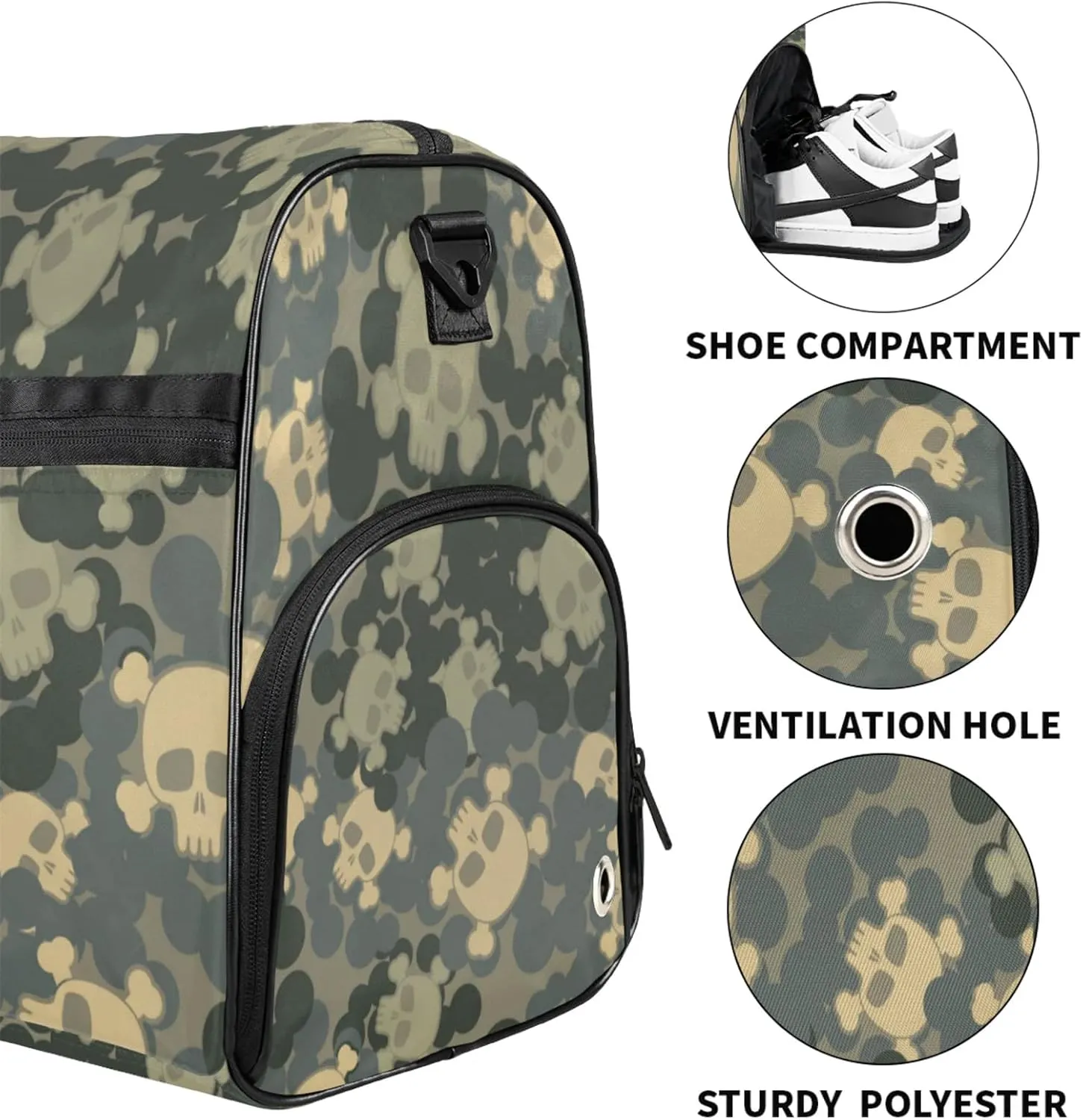 Grey Gym Bag for Men- 43L large Duffle Bag for Travel, Skull Motif Travel Bag with Shoe Compartment-Personal Item Travel Bag Weekender Bags for Women