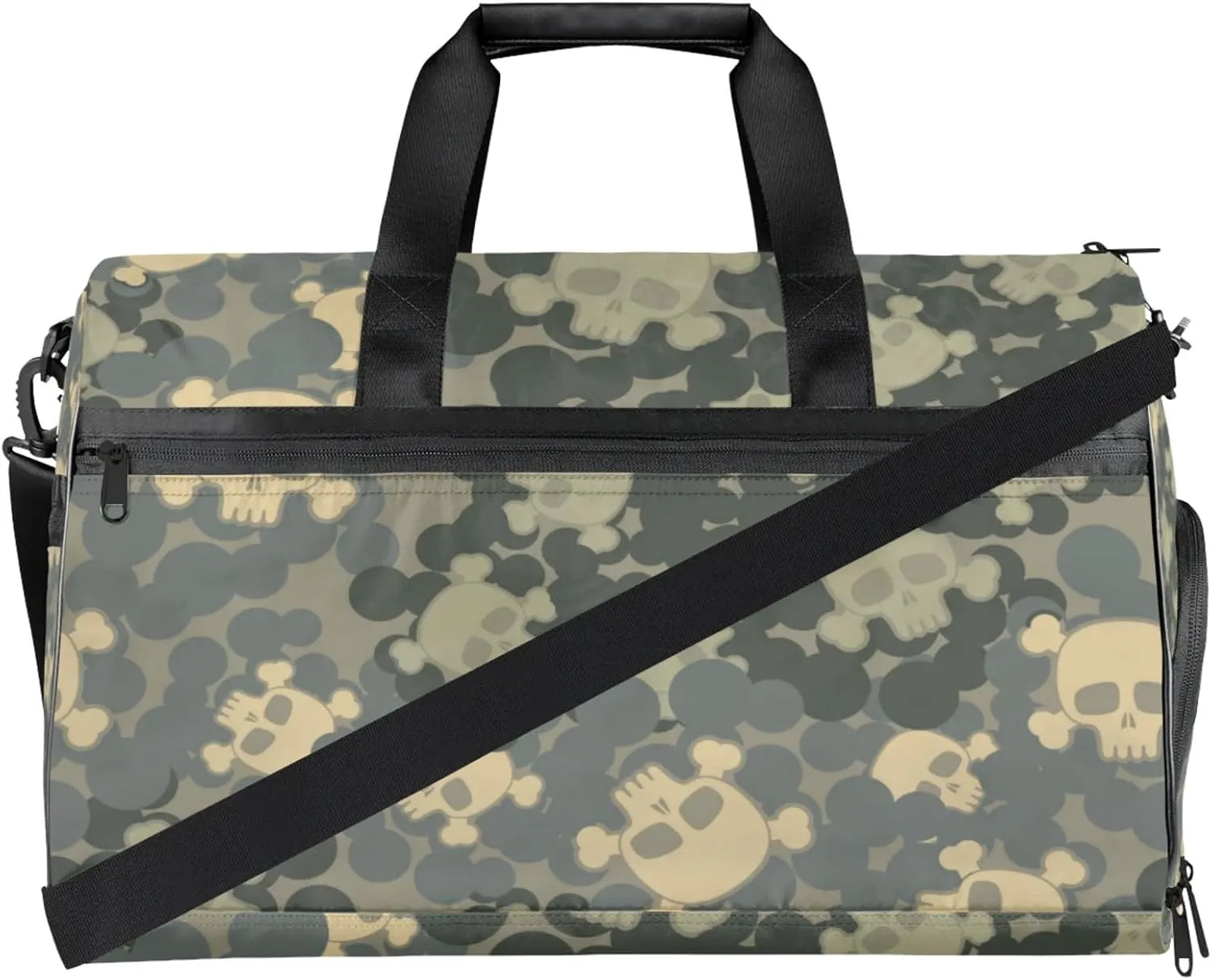 Grey Gym Bag for Men- 43L large Duffle Bag for Travel, Skull Motif Travel Bag with Shoe Compartment-Personal Item Travel Bag Weekender Bags for Women