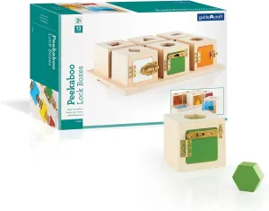 Guidecraft Peekaboo Lock Boxes with Storage Tray: Sorting & Stacking Toy for Children - Kids Early Learning , Multi-colored Wooden Educational Toddler Toy