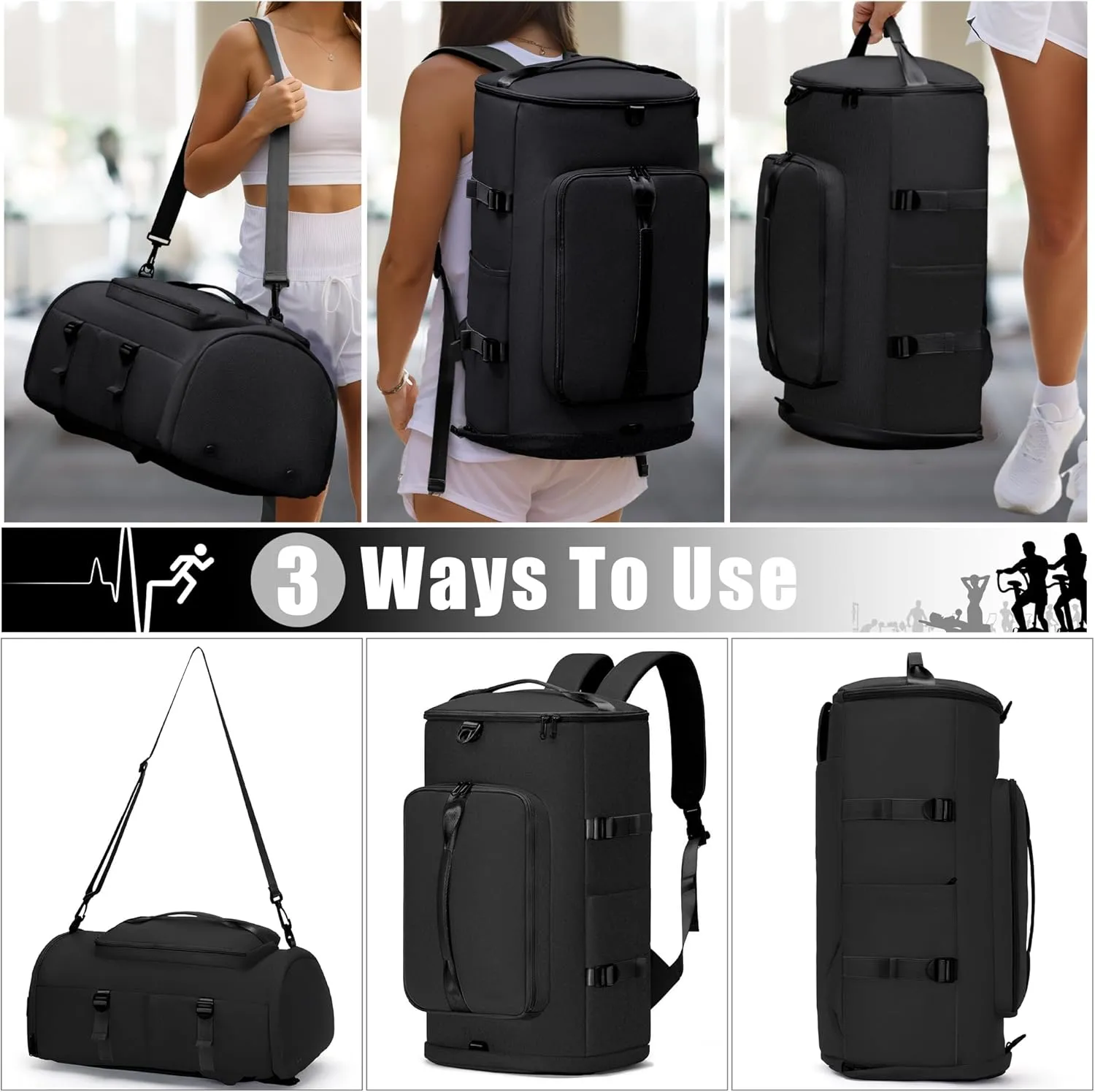 Gym Bag for Men and Women Sports Duffle Bag Travel Backpack Weekender Overnight Bag with Shoes Compartment and Wet Pocket Black - MIYCOO