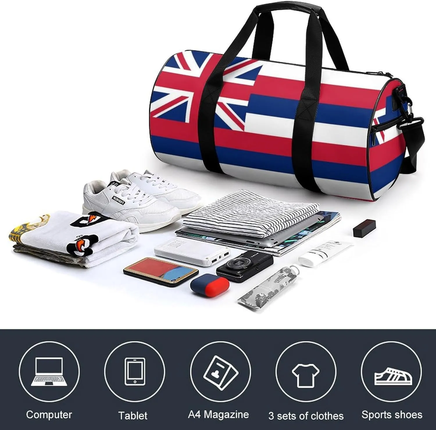 Gym Bag for Men Women Lightweight Sports Duffle Bag with Multiple Compartments Cylindrical Gym Bag for Fitness Travel And Outdoor Activities Ater Resistant Yoga Bag Training Bag Hawaii Stripes