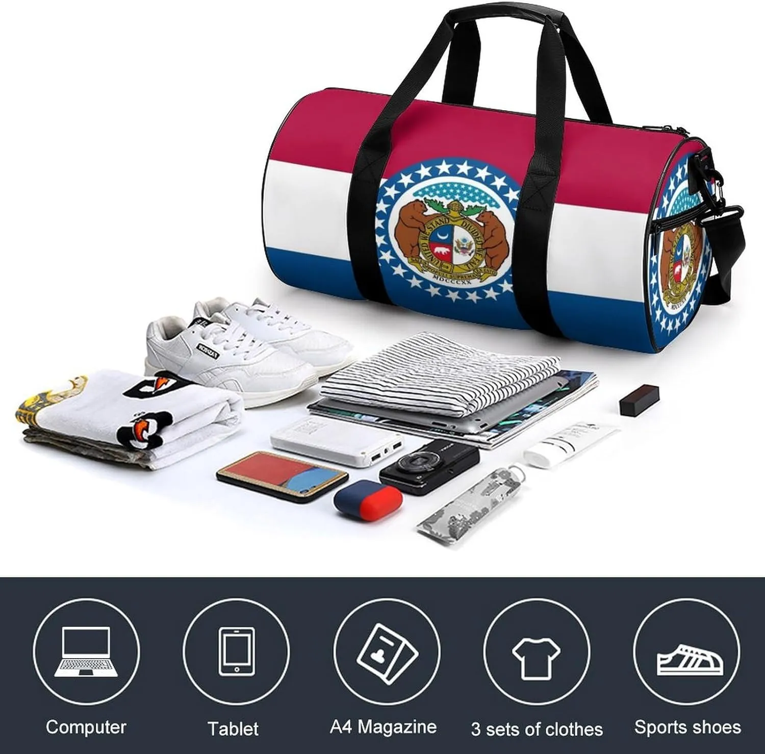 Gym Bag for Men Women Lightweight Sports Duffle Bag with Multiple Compartments Cylindrical Gym Bag for Fitness Travel And Outdoor Activities Ater Resistant Yoga Bag Training Bag Missouri Pride