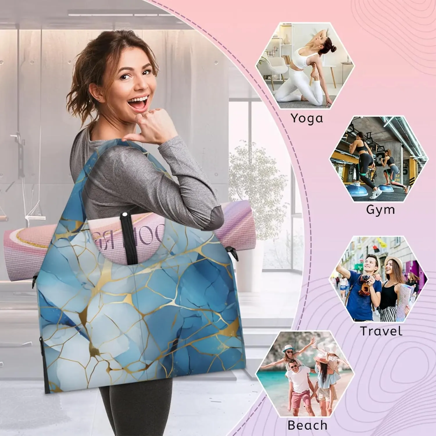 Gym Bag for Women Blue Golden Marble Duffel Bag with Shoe Compartment and Yoga Mat Holder Portable Weekender Bags Travel Tote Bags