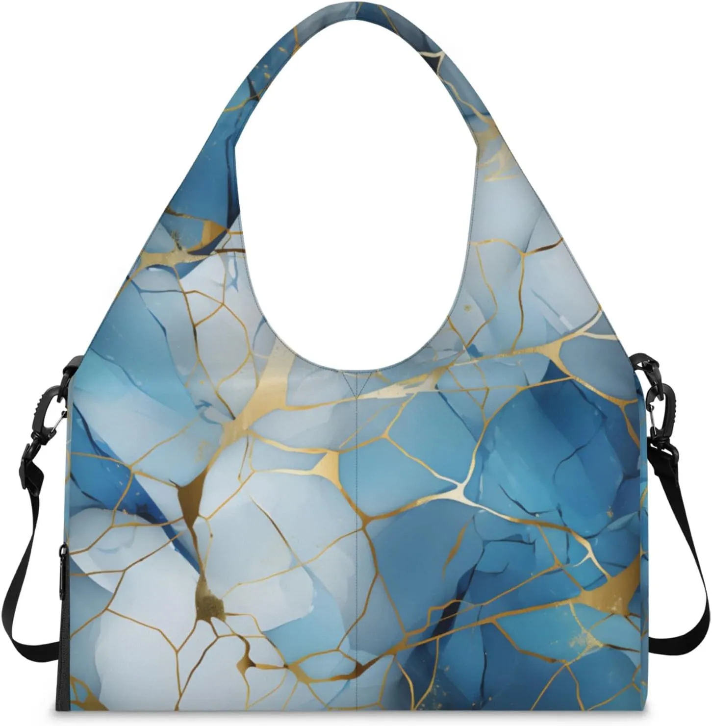 Gym Bag for Women Blue Golden Marble Duffel Bag with Shoe Compartment and Yoga Mat Holder Portable Weekender Bags Travel Tote Bags