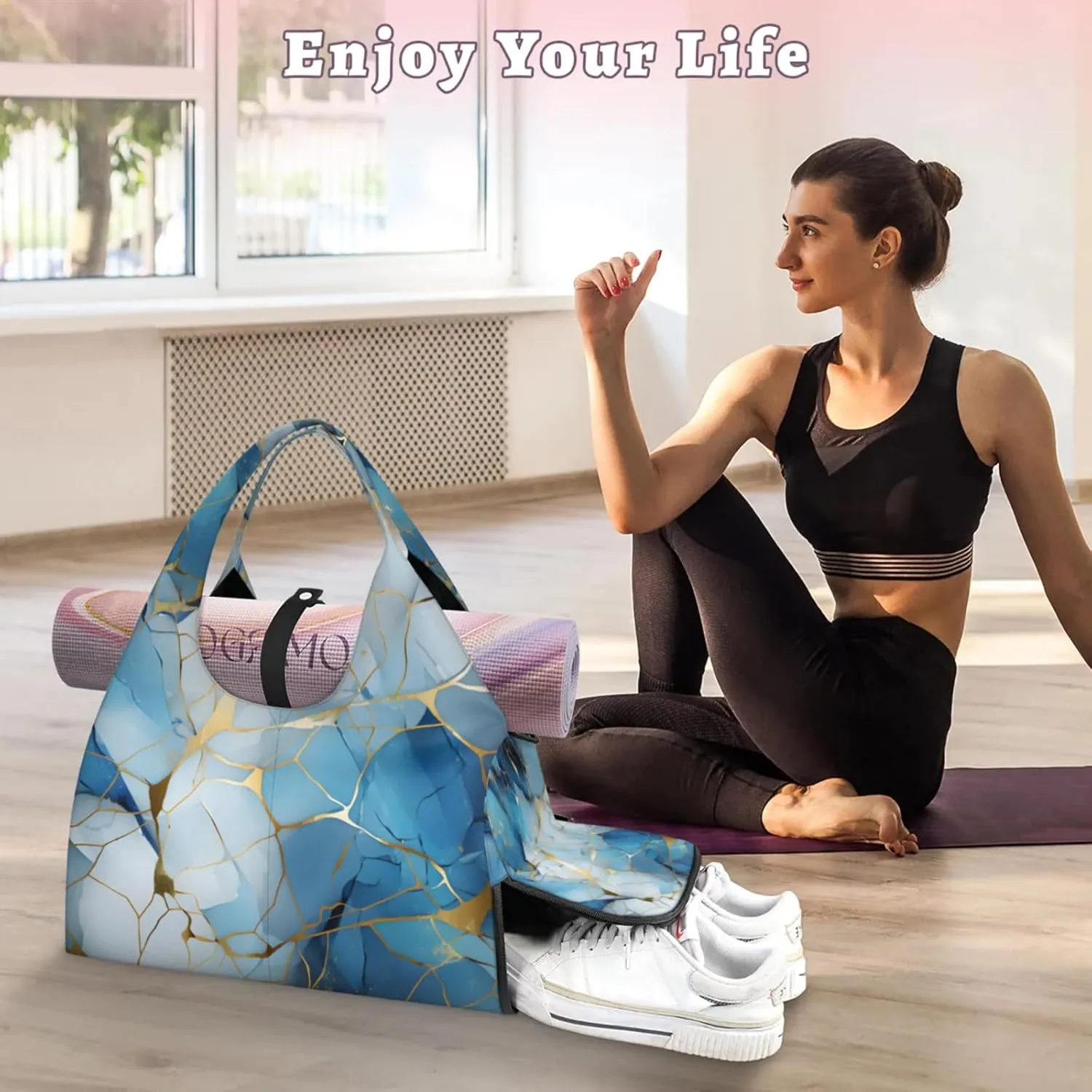 Gym Bag for Women Blue Golden Marble Duffel Bag with Shoe Compartment and Yoga Mat Holder Portable Weekender Bags Travel Tote Bags