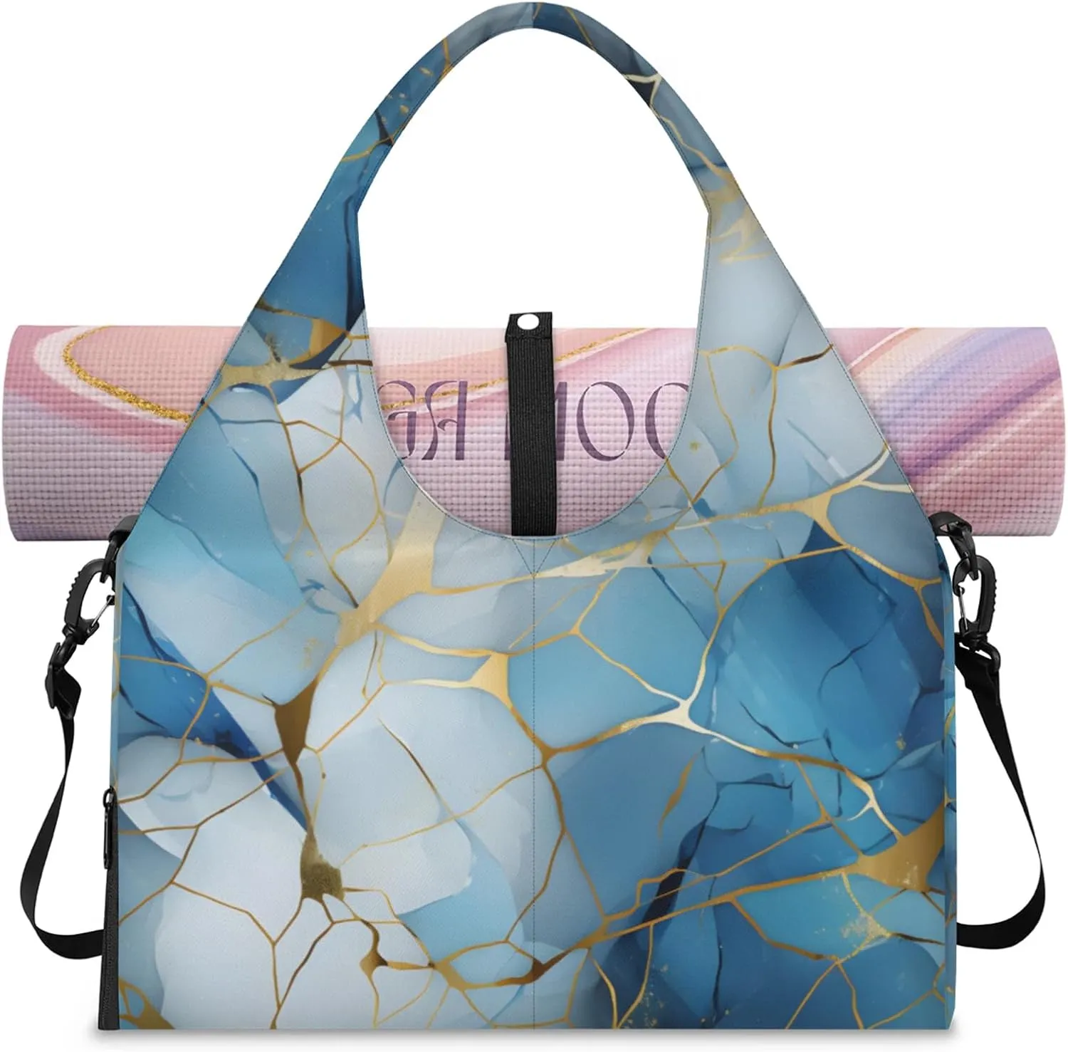 Gym Bag for Women Blue Golden Marble Duffel Bag with Shoe Compartment and Yoga Mat Holder Portable Weekender Bags Travel Tote Bags