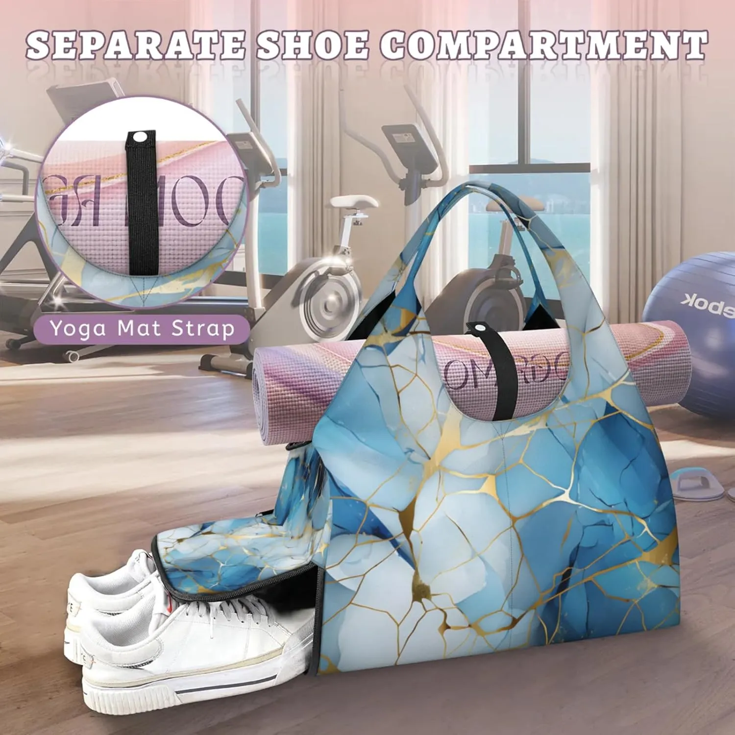 Gym Bag for Women Blue Golden Marble Duffel Bag with Shoe Compartment and Yoga Mat Holder Portable Weekender Bags Travel Tote Bags