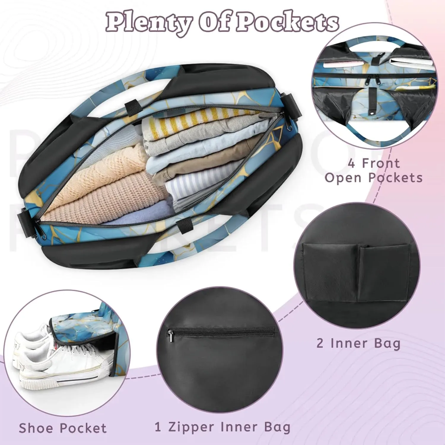 Gym Bag for Women Blue Golden Marble Duffel Bag with Shoe Compartment and Yoga Mat Holder Portable Weekender Bags Travel Tote Bags