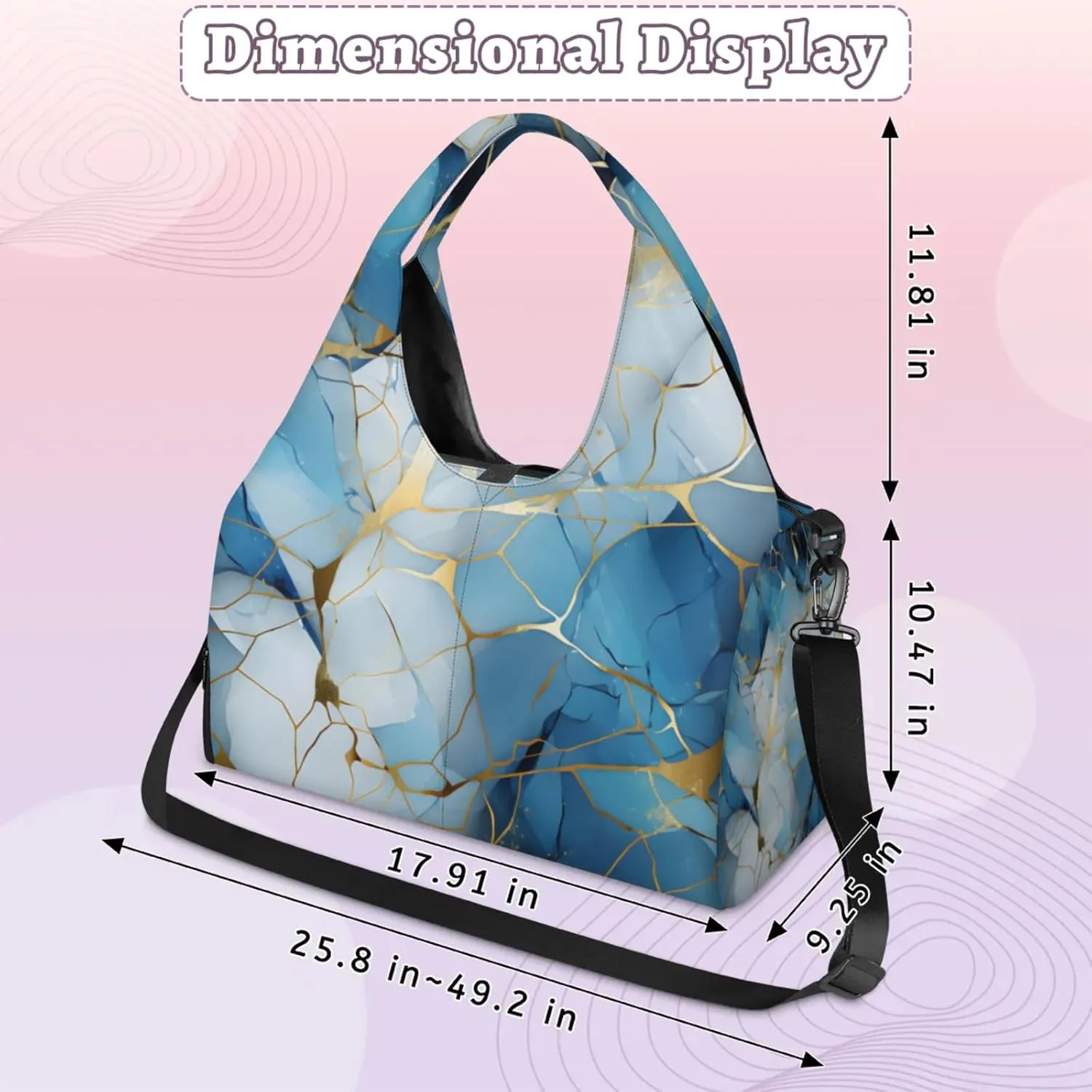Gym Bag for Women Blue Golden Marble Duffel Bag with Shoe Compartment and Yoga Mat Holder Portable Weekender Bags Travel Tote Bags