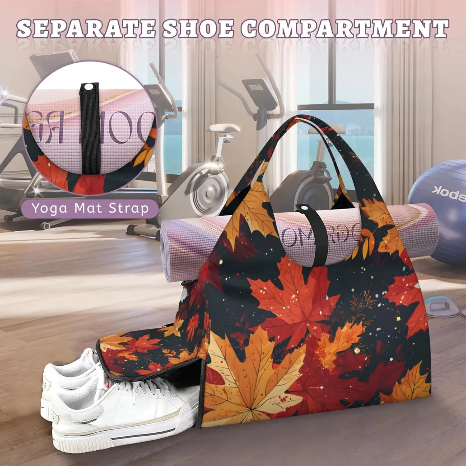 Gym Bag for Women Fallen Maple Leaves Duffel Bag with Shoe Compartment and Yoga Mat Holder Portable Weekender Bags Travel Tote Bags