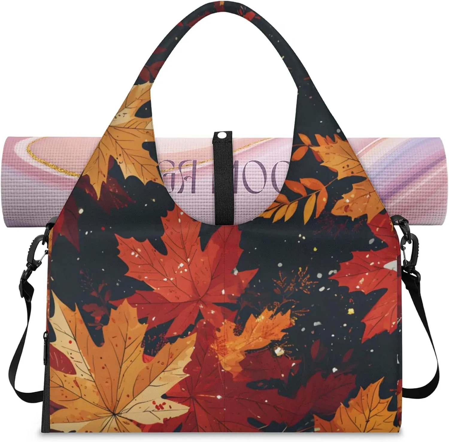 Gym Bag for Women Fallen Maple Leaves Duffel Bag with Shoe Compartment and Yoga Mat Holder Portable Weekender Bags Travel Tote Bags