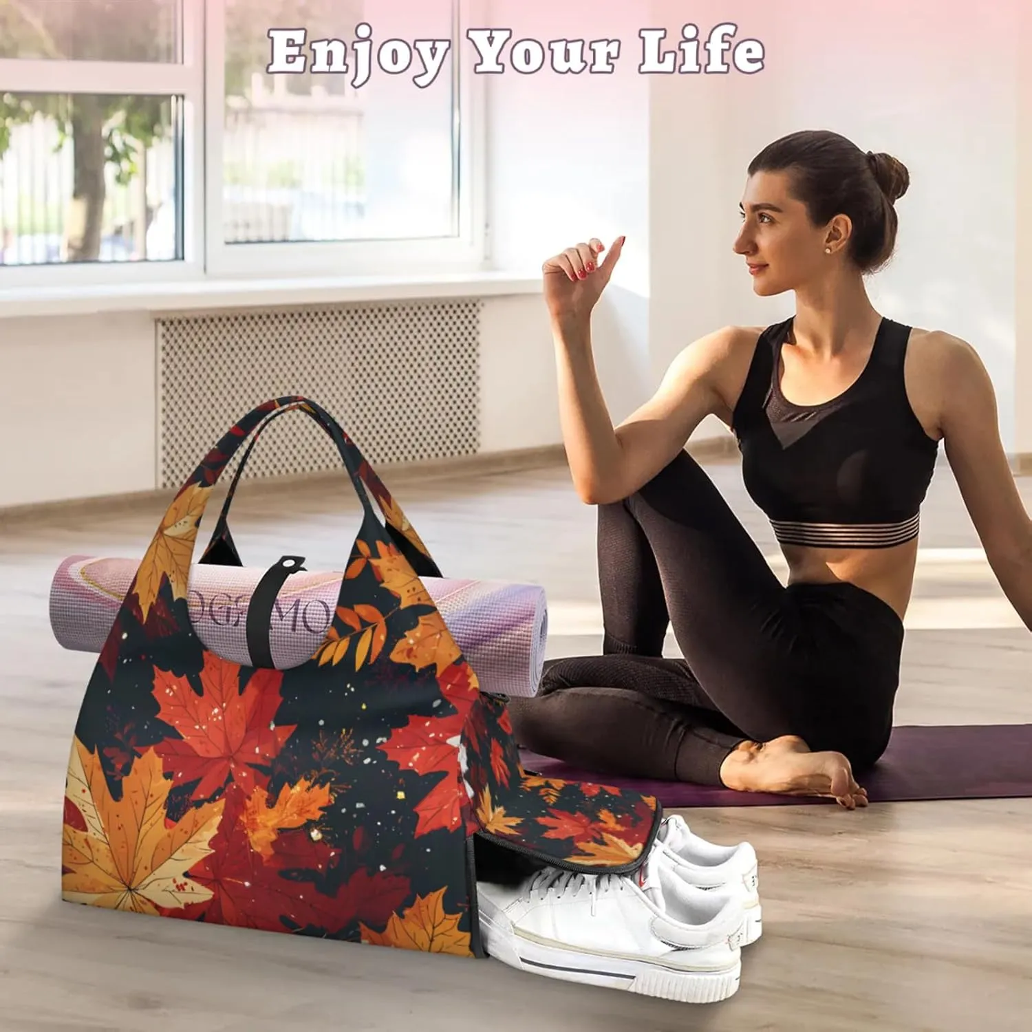 Gym Bag for Women Fallen Maple Leaves Duffel Bag with Shoe Compartment and Yoga Mat Holder Portable Weekender Bags Travel Tote Bags