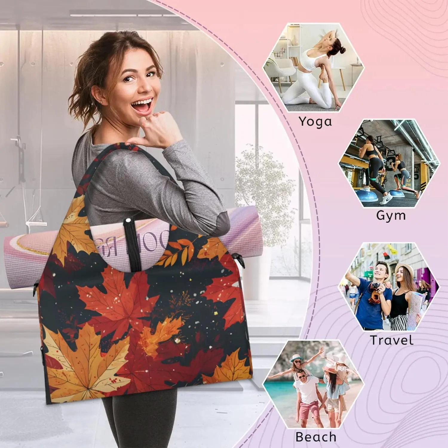 Gym Bag for Women Fallen Maple Leaves Duffel Bag with Shoe Compartment and Yoga Mat Holder Portable Weekender Bags Travel Tote Bags