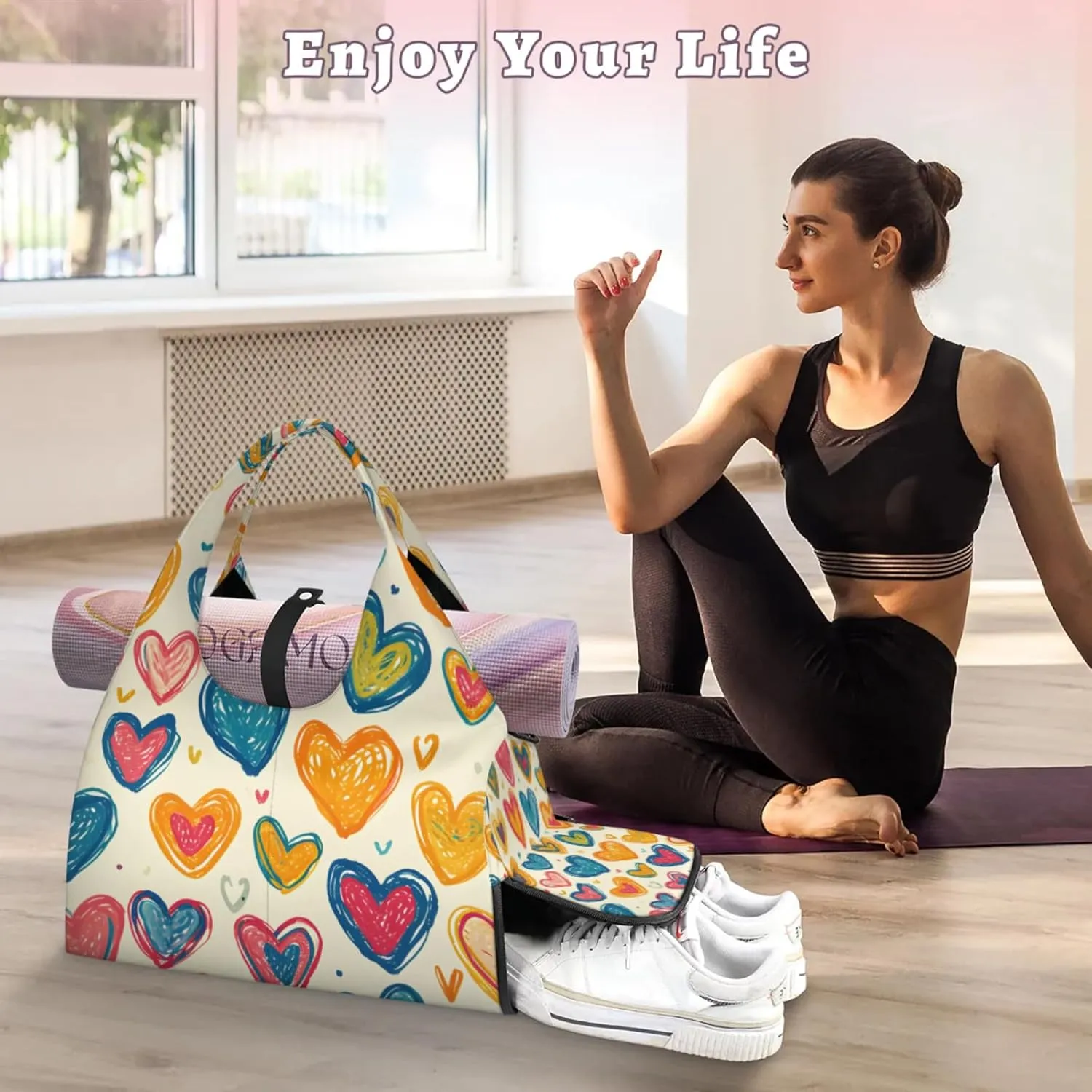 Gym Bag for Women Lovely Hearts Duffel Bag with Shoe Compartment and Yoga Mat Holder Portable Weekender Bags Travel Tote Bags