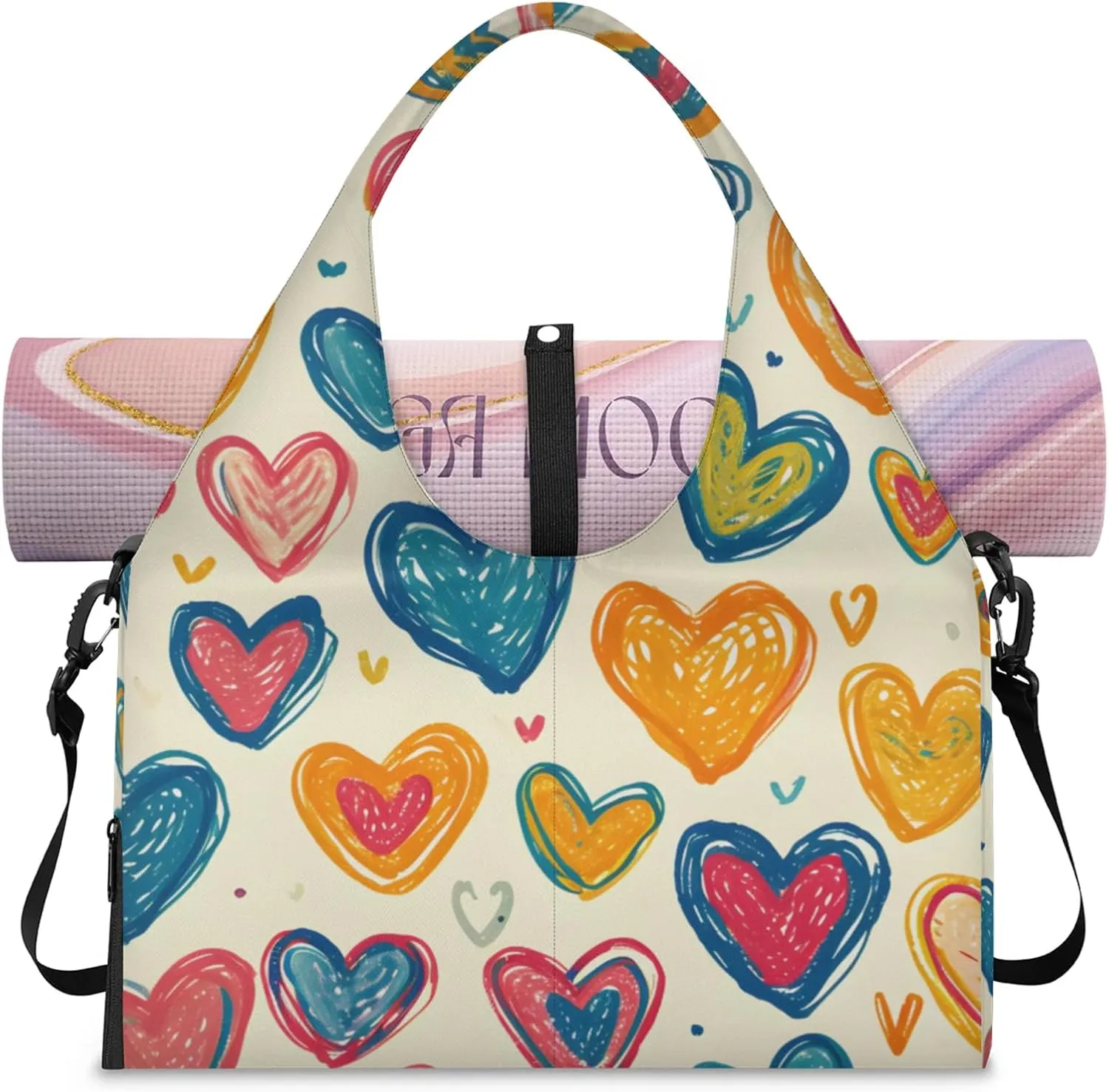 Gym Bag for Women Lovely Hearts Duffel Bag with Shoe Compartment and Yoga Mat Holder Portable Weekender Bags Travel Tote Bags