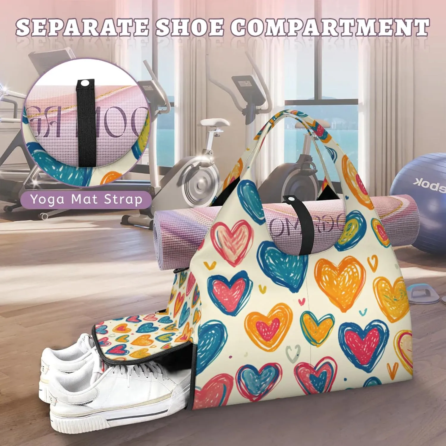 Gym Bag for Women Lovely Hearts Duffel Bag with Shoe Compartment and Yoga Mat Holder Portable Weekender Bags Travel Tote Bags