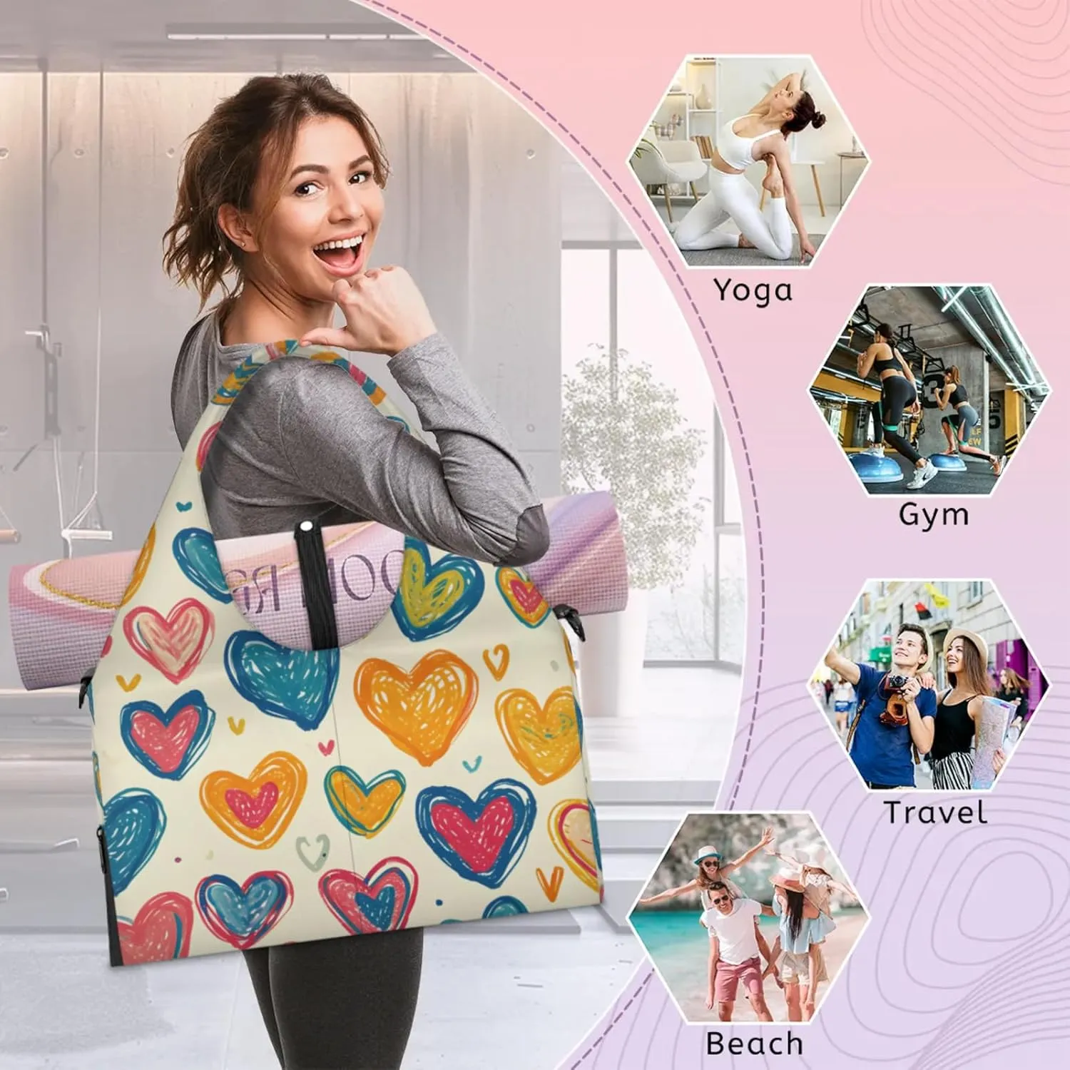 Gym Bag for Women Lovely Hearts Duffel Bag with Shoe Compartment and Yoga Mat Holder Portable Weekender Bags Travel Tote Bags