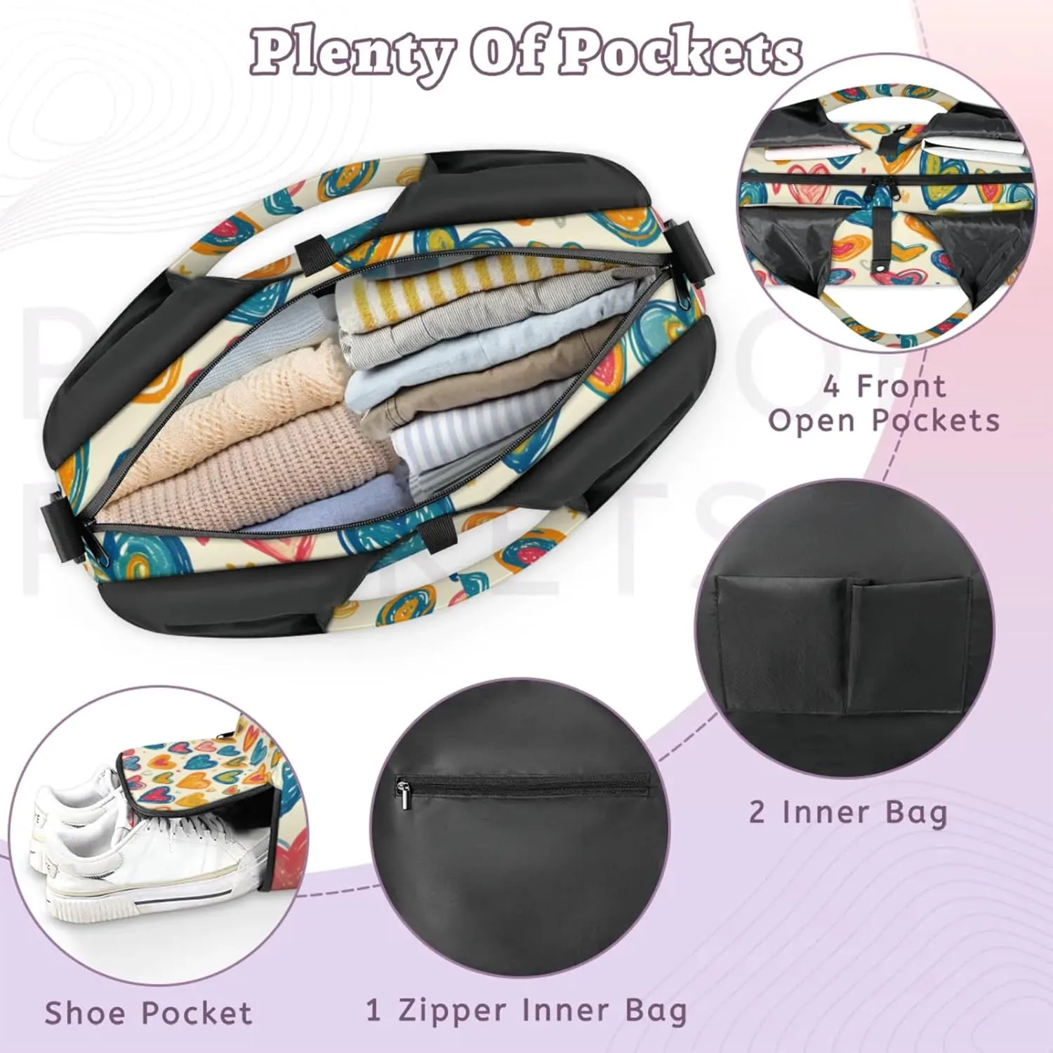 Gym Bag for Women Lovely Hearts Duffel Bag with Shoe Compartment and Yoga Mat Holder Portable Weekender Bags Travel Tote Bags