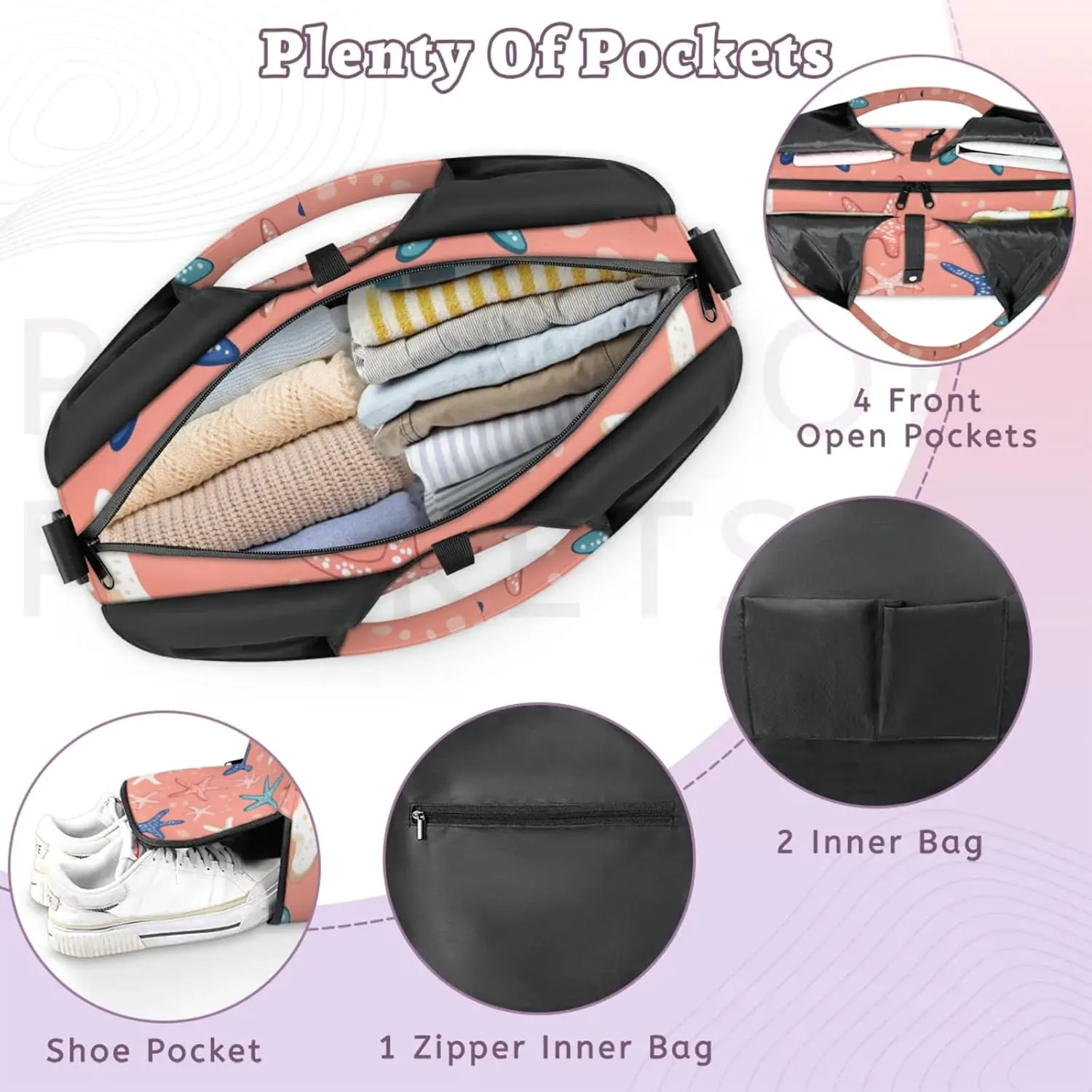 Gym Bag for Women Lovely Starfish Print Duffel Bag with Shoe Compartment and Yoga Mat Holder Portable Weekender Bags Travel Tote Bags