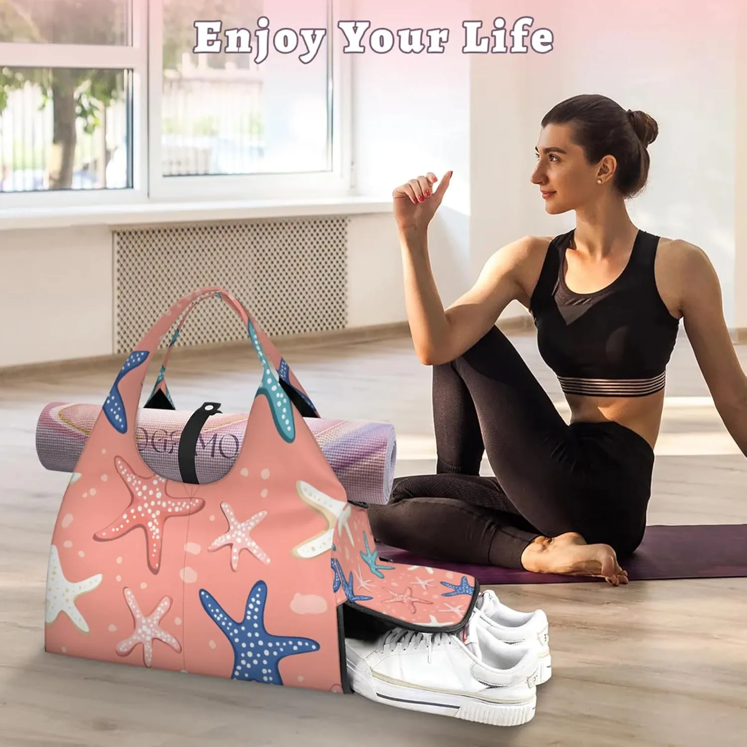 Gym Bag for Women Lovely Starfish Print Duffel Bag with Shoe Compartment and Yoga Mat Holder Portable Weekender Bags Travel Tote Bags