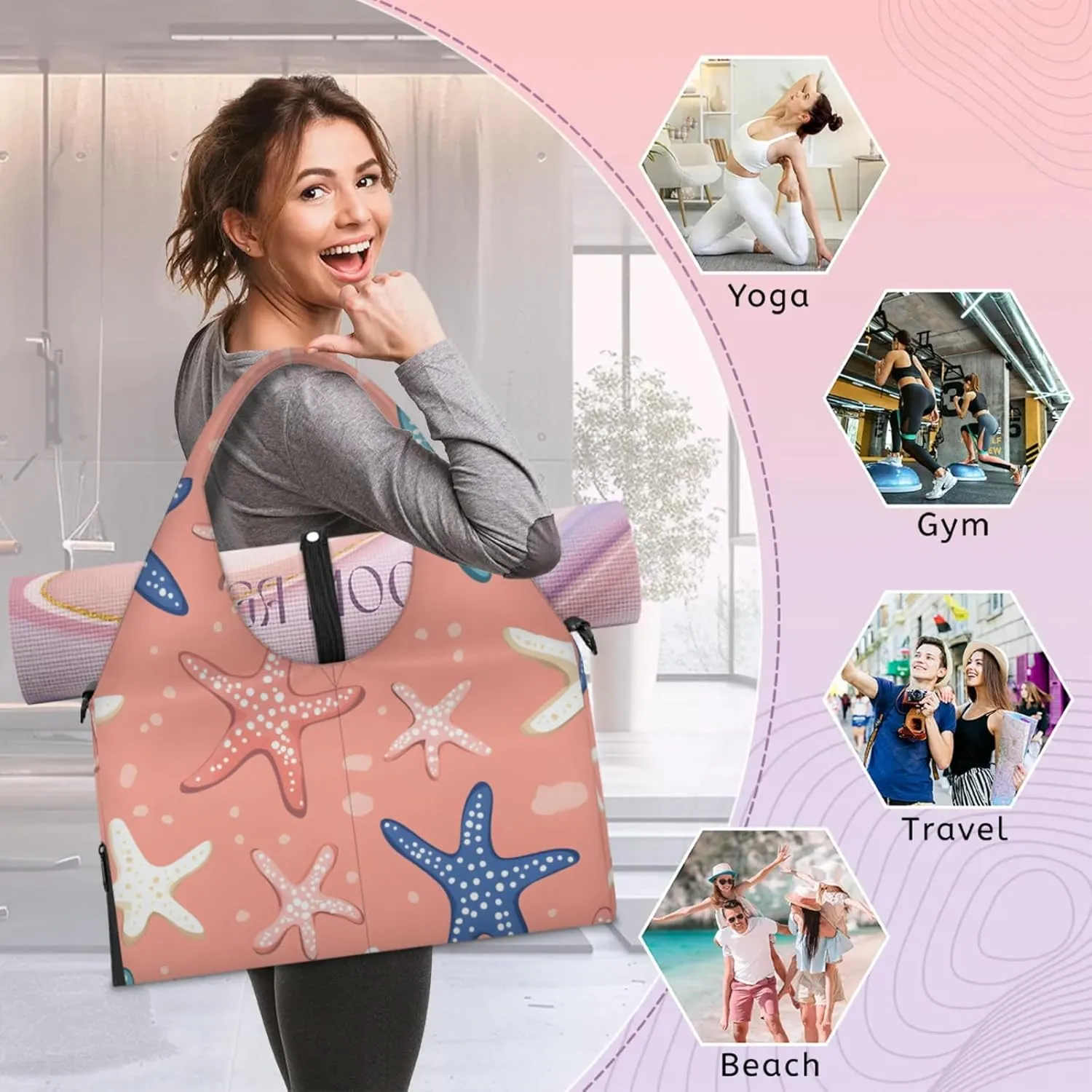 Gym Bag for Women Lovely Starfish Print Duffel Bag with Shoe Compartment and Yoga Mat Holder Portable Weekender Bags Travel Tote Bags