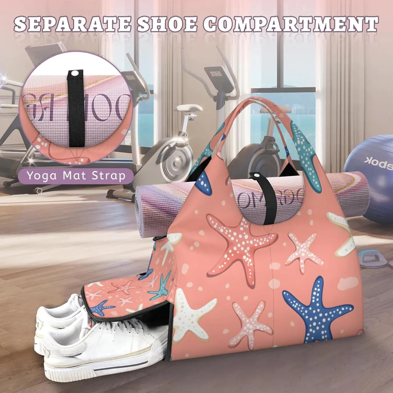 Gym Bag for Women Lovely Starfish Print Duffel Bag with Shoe Compartment and Yoga Mat Holder Portable Weekender Bags Travel Tote Bags