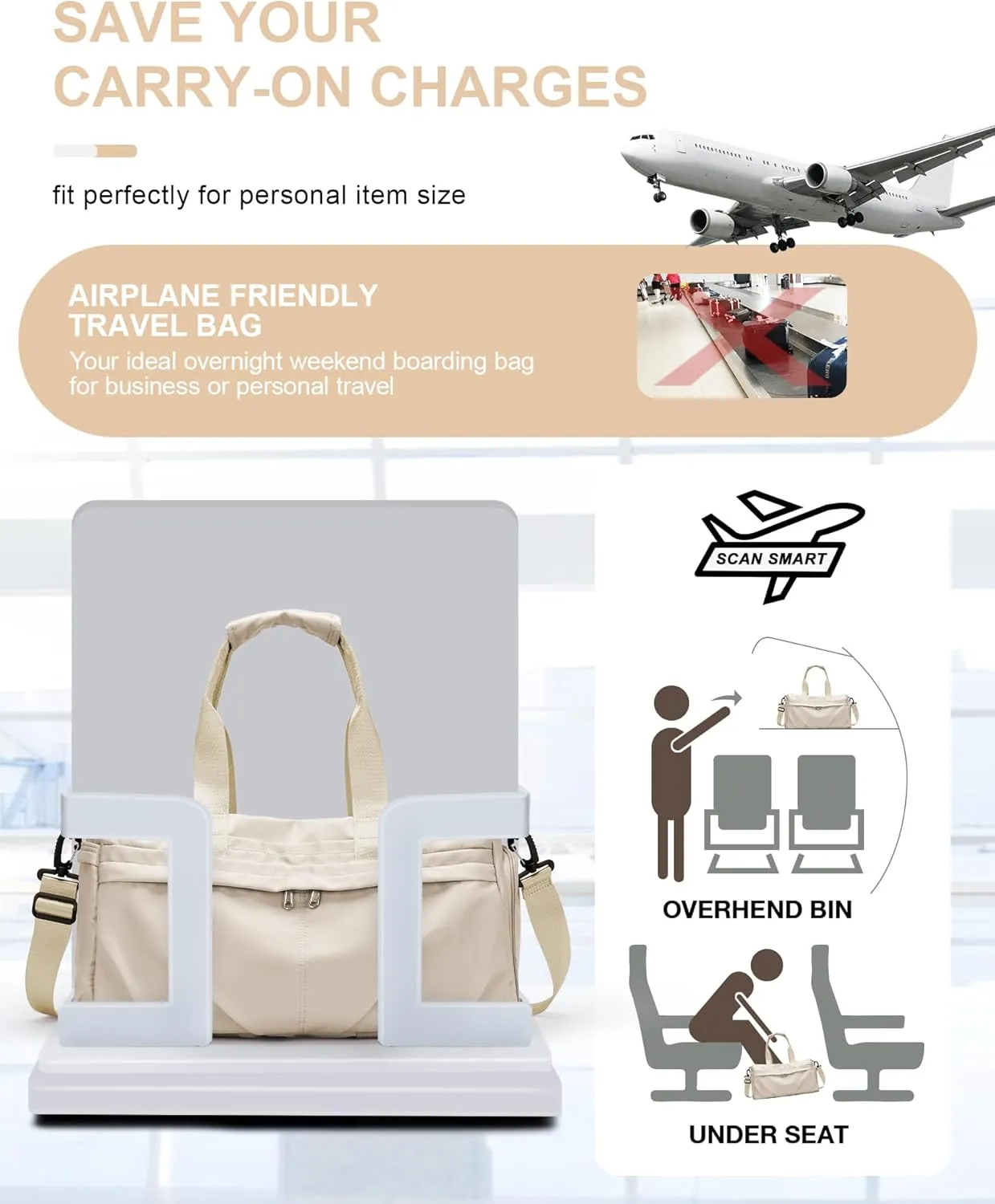 Gym Bag for Women Men with Shoe Compartment, Sport Duffel Bag, Waterproof Travel Weekender Overnight Carry on Bag for Yoga with Trolley Sleeve, Beige