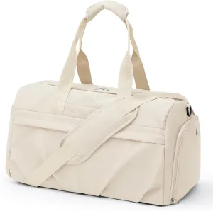 Gym Bag for Women Men with Shoe Compartment, Sport Duffel Bag, Waterproof Travel Weekender Overnight Carry on Bag for Yoga with Trolley Sleeve, Beige