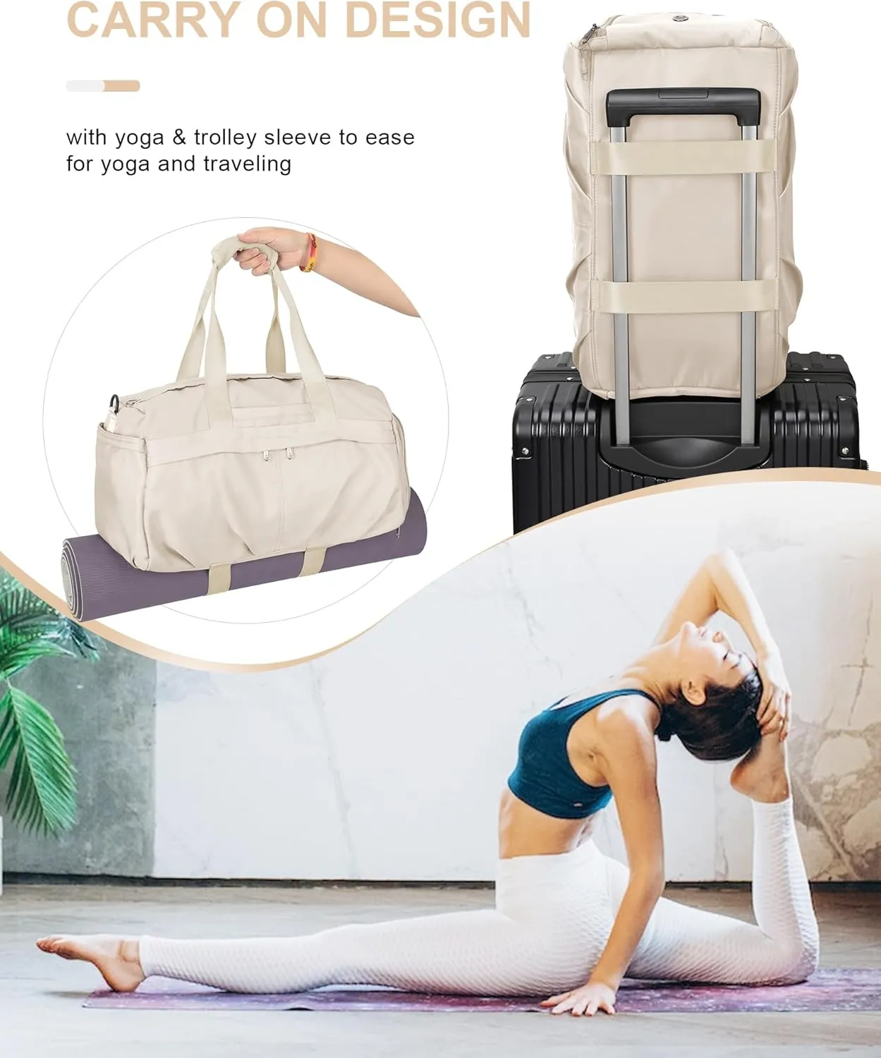 Gym Bag for Women Men with Shoe Compartment, Sport Duffel Bag, Waterproof Travel Weekender Overnight Carry on Bag for Yoga with Trolley Sleeve, Beige