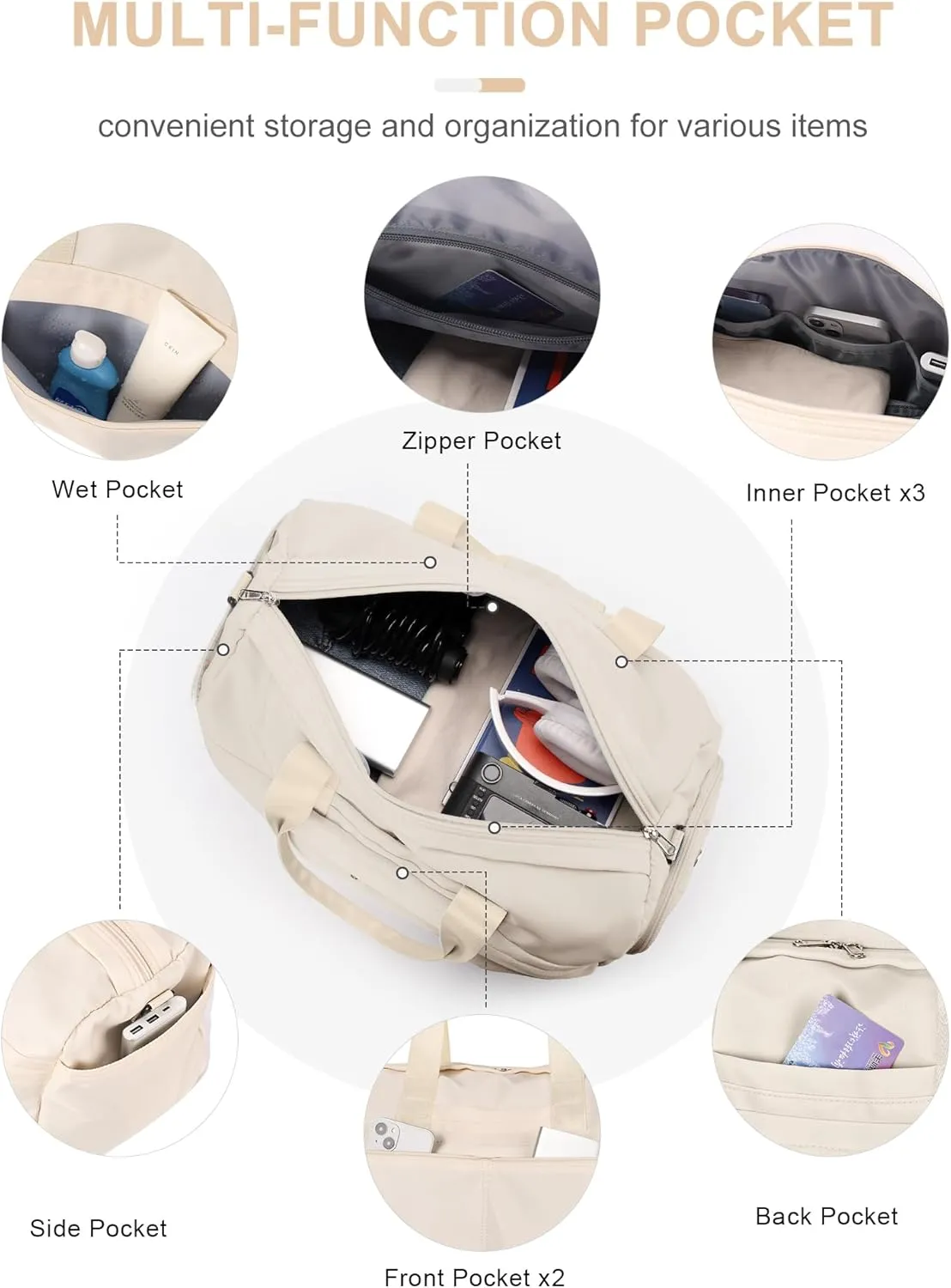 Gym Bag for Women Men with Shoe Compartment, Sport Duffel Bag, Waterproof Travel Weekender Overnight Carry on Bag for Yoga with Trolley Sleeve, Beige